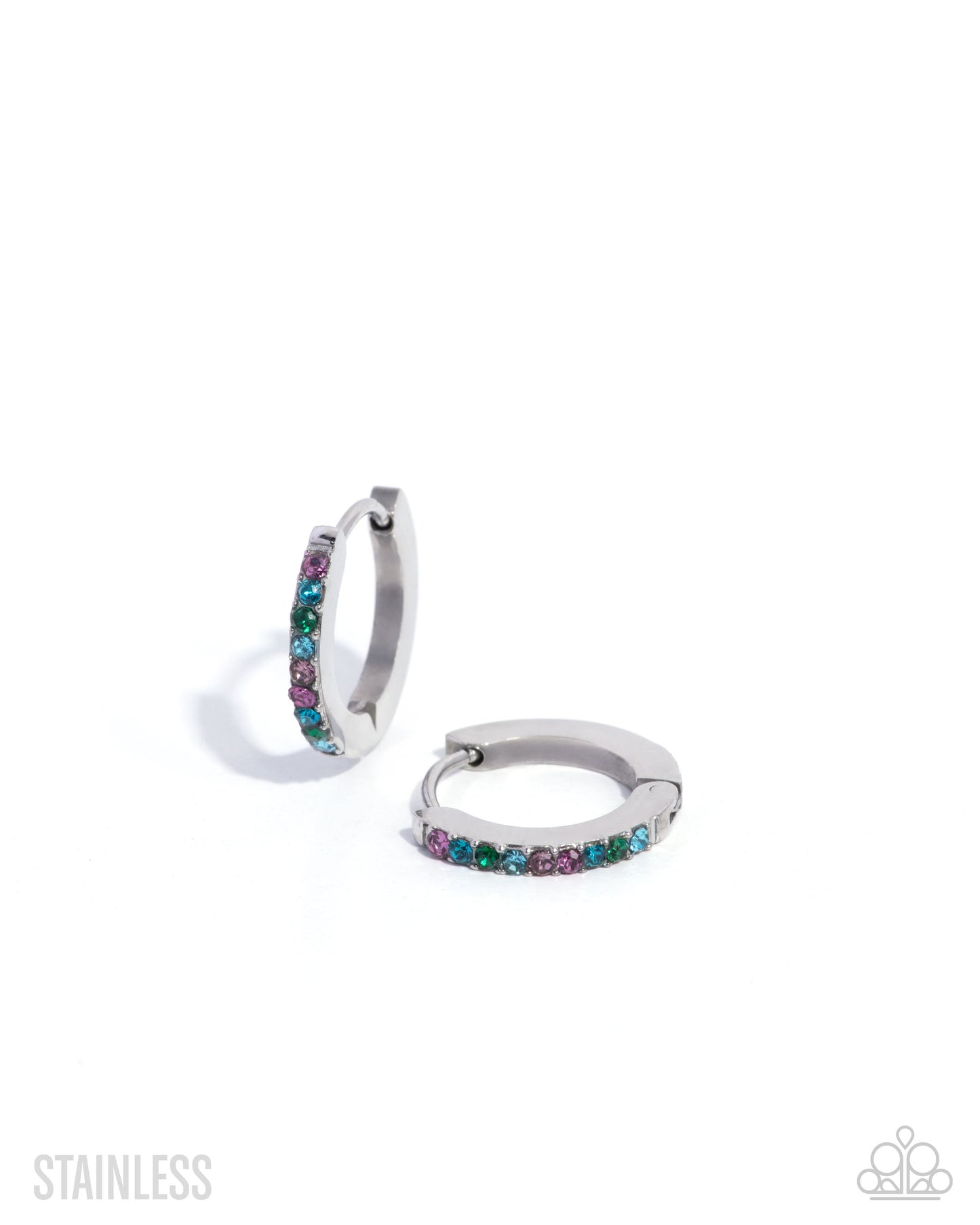 Pair of silver hoop earrings with multicolored stones on a white background