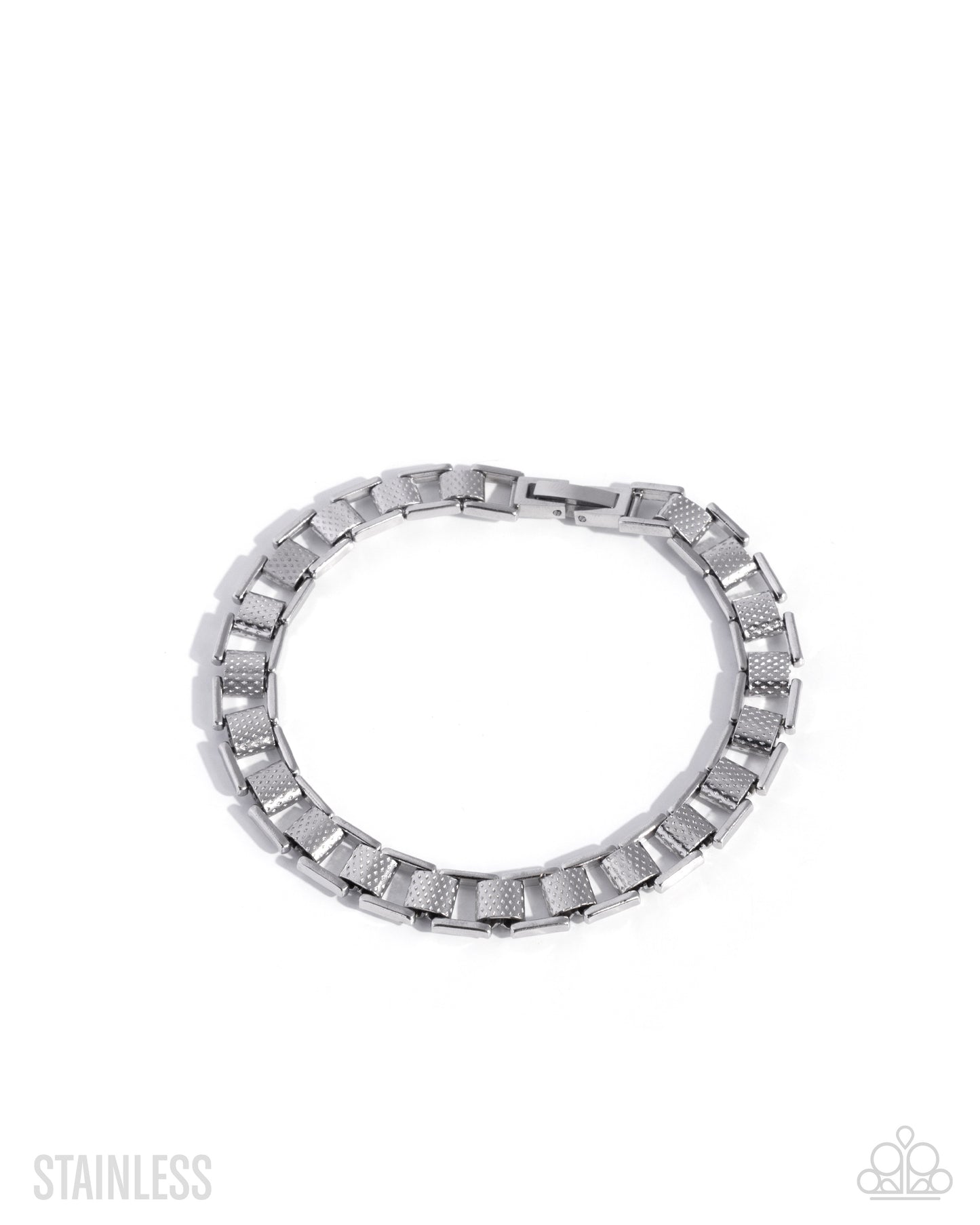 Silver ring with a textured band on a white background