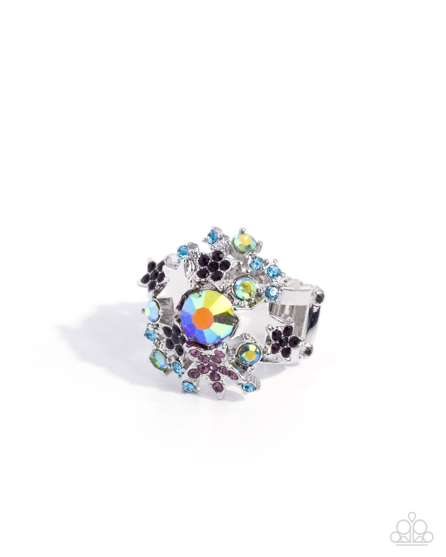Multicolored gemstone ring with a central rainbow-colored gem on a white background
