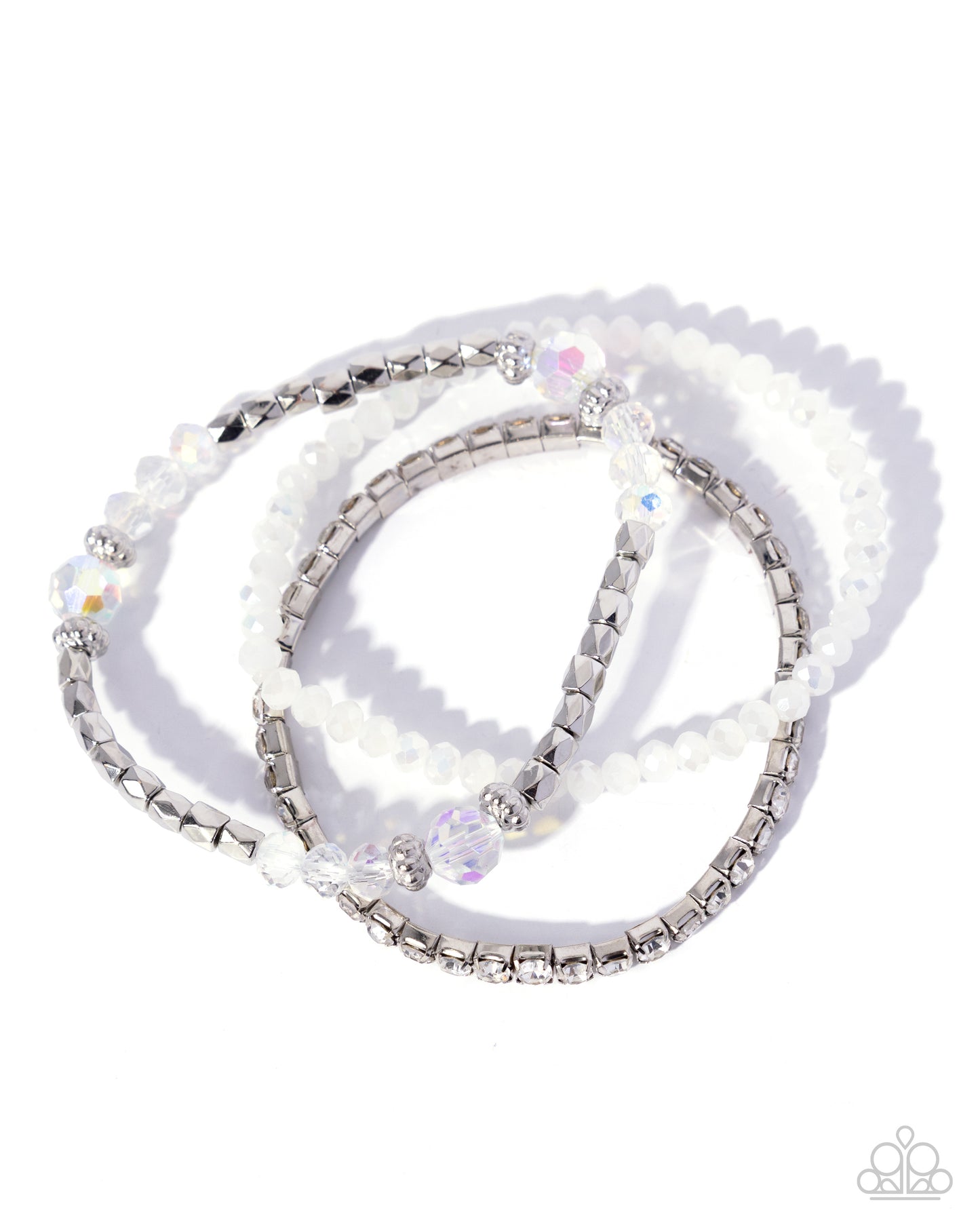 Set of beaded bracelets with silver accents on a white background