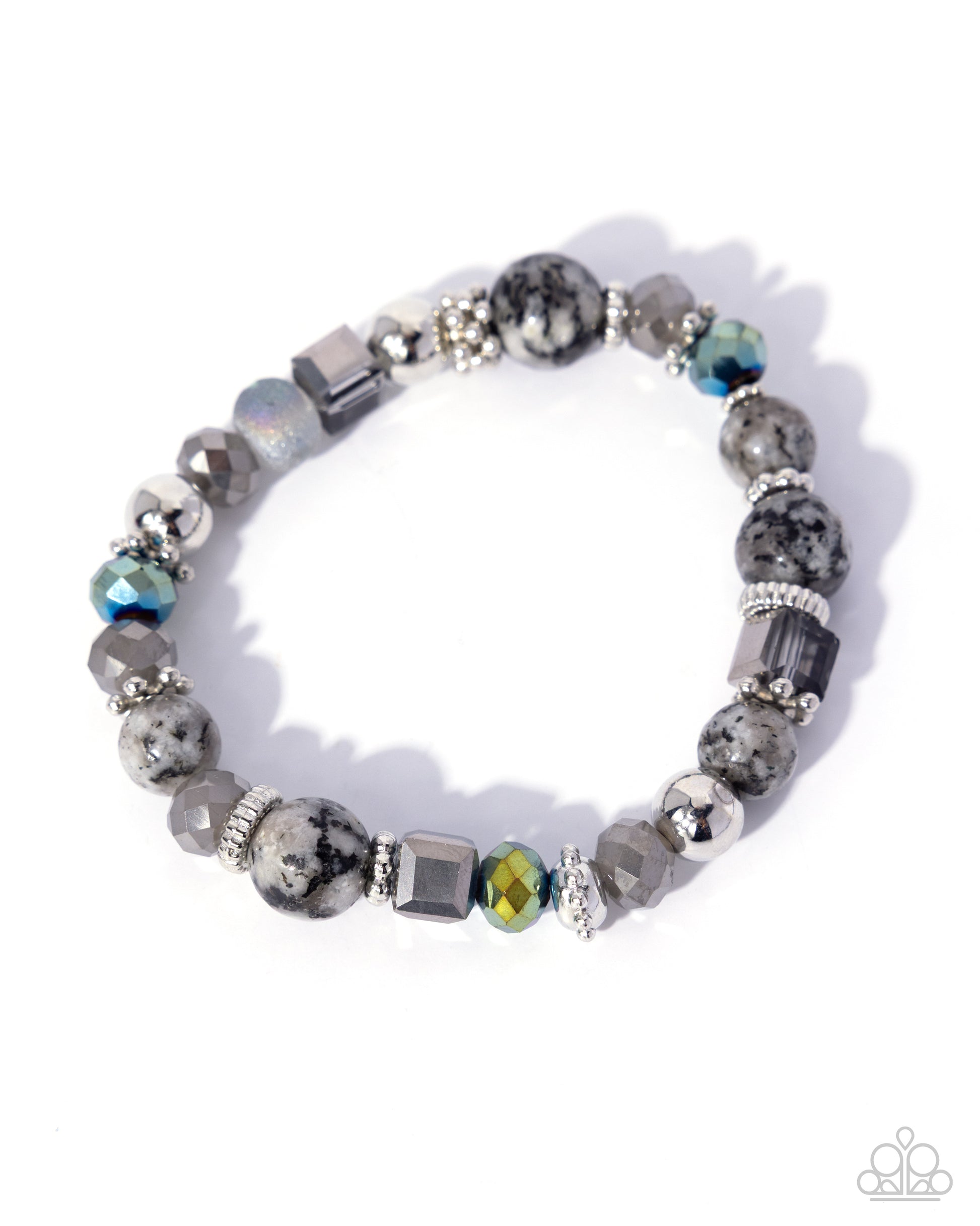 Gray beaded bracelet with green accents on a white background