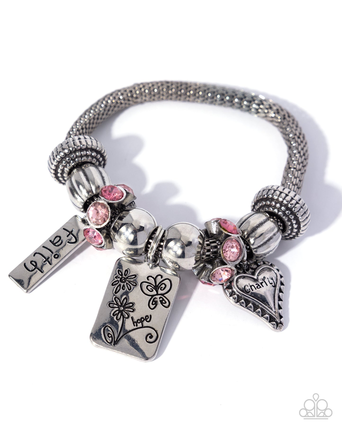 Silver bracelet with charms on a white background