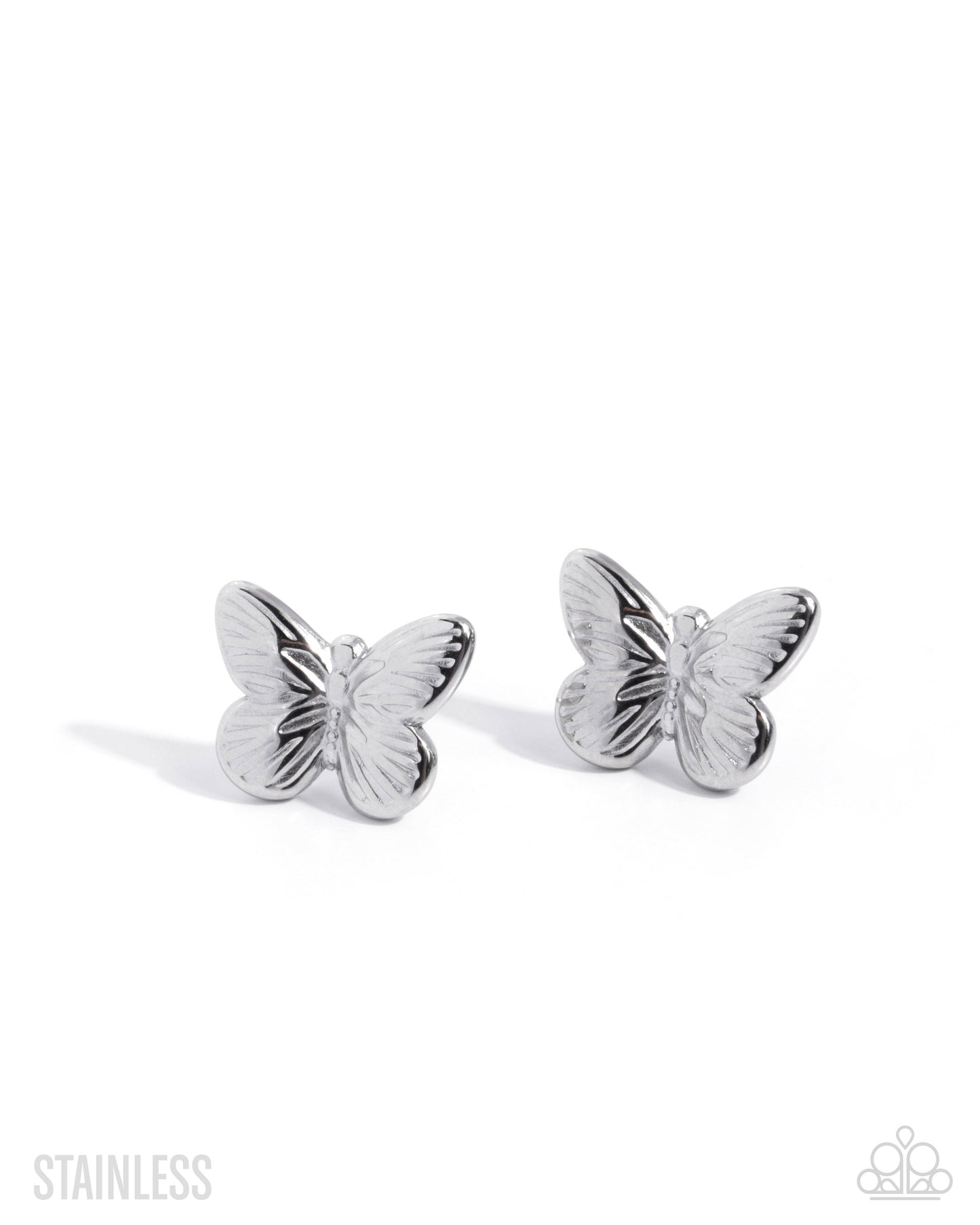 Silver butterfly earrings on a white background