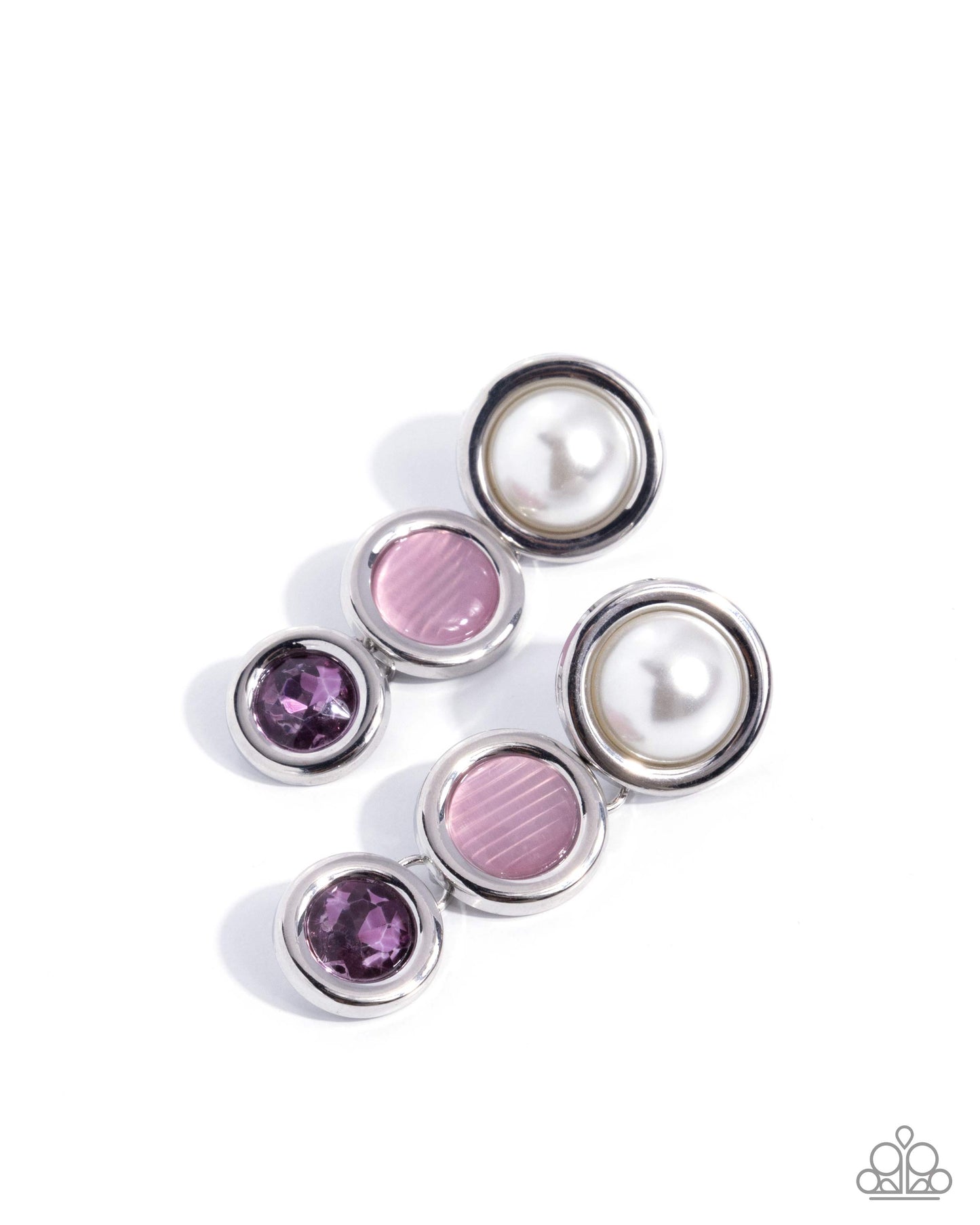 A pair of silver-toned drop earrings featuring a large white faux pearl, a round pink striped cabochon, and a smaller round purple cabochon, displayed on a clean white background.
