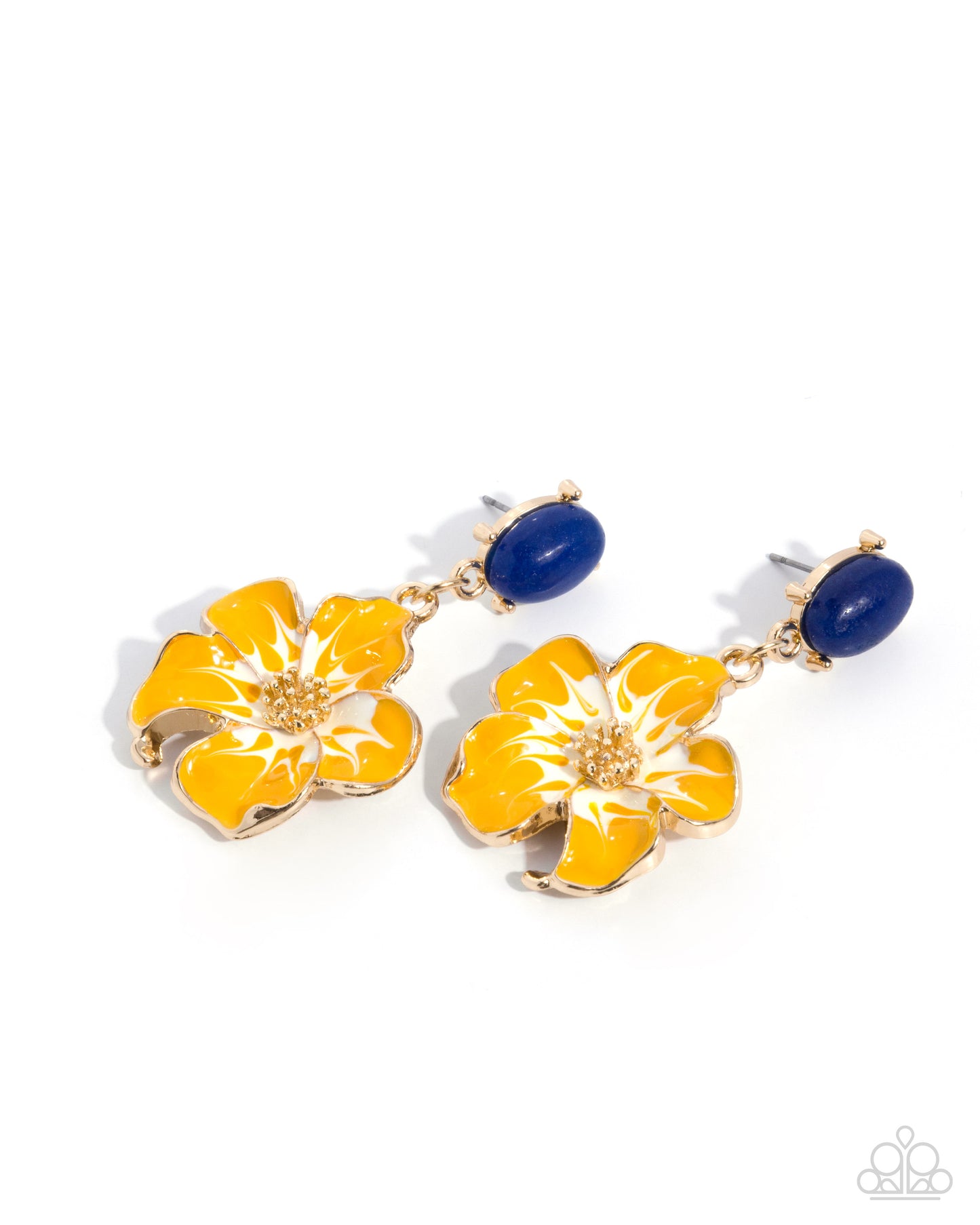 A pair of gold-tone dangle earrings featuring large yellow flower charms with white highlights, a small gold starburst in the center, and a dark blue oval bead above each flower.