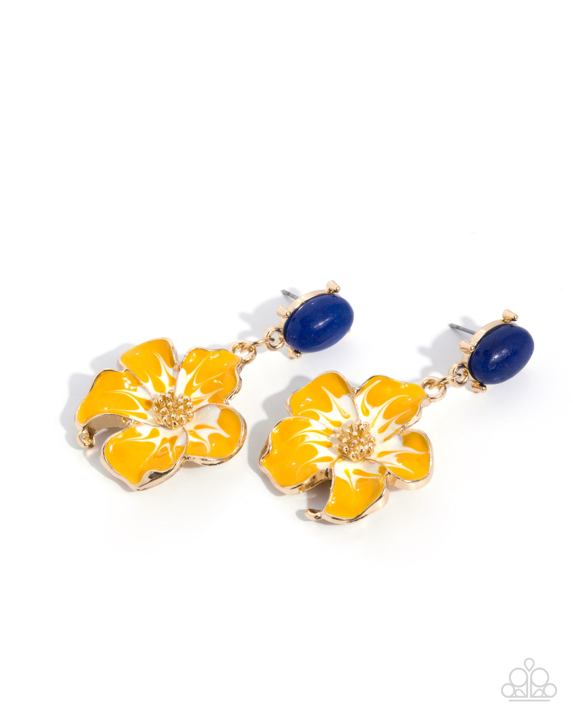 A pair of gold-tone dangle earrings featuring large yellow flower charms with white highlights, a small gold starburst in the center, and a dark blue oval bead above each flower.