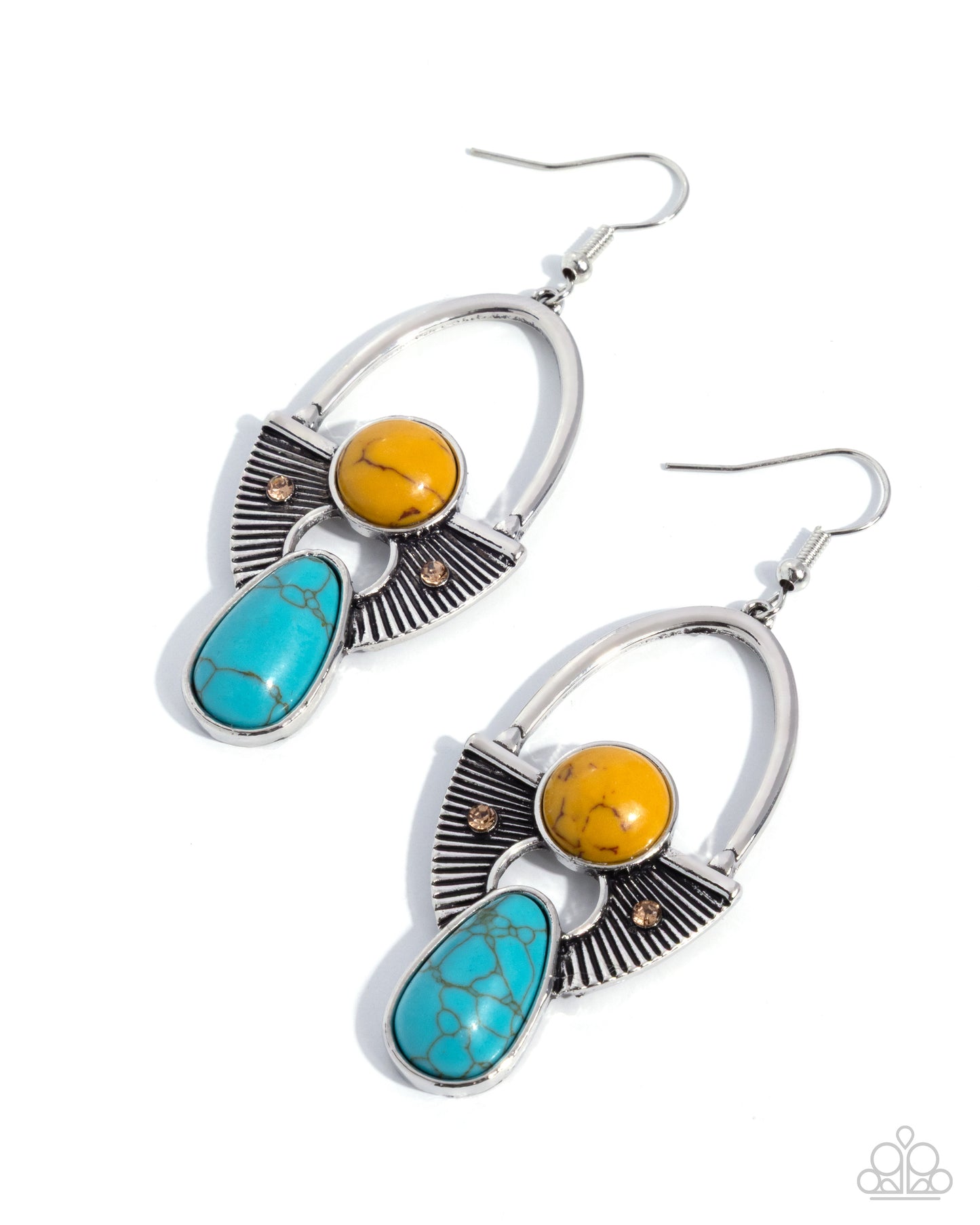 Pair of earrings with turquoise and yellow stones on a white background
