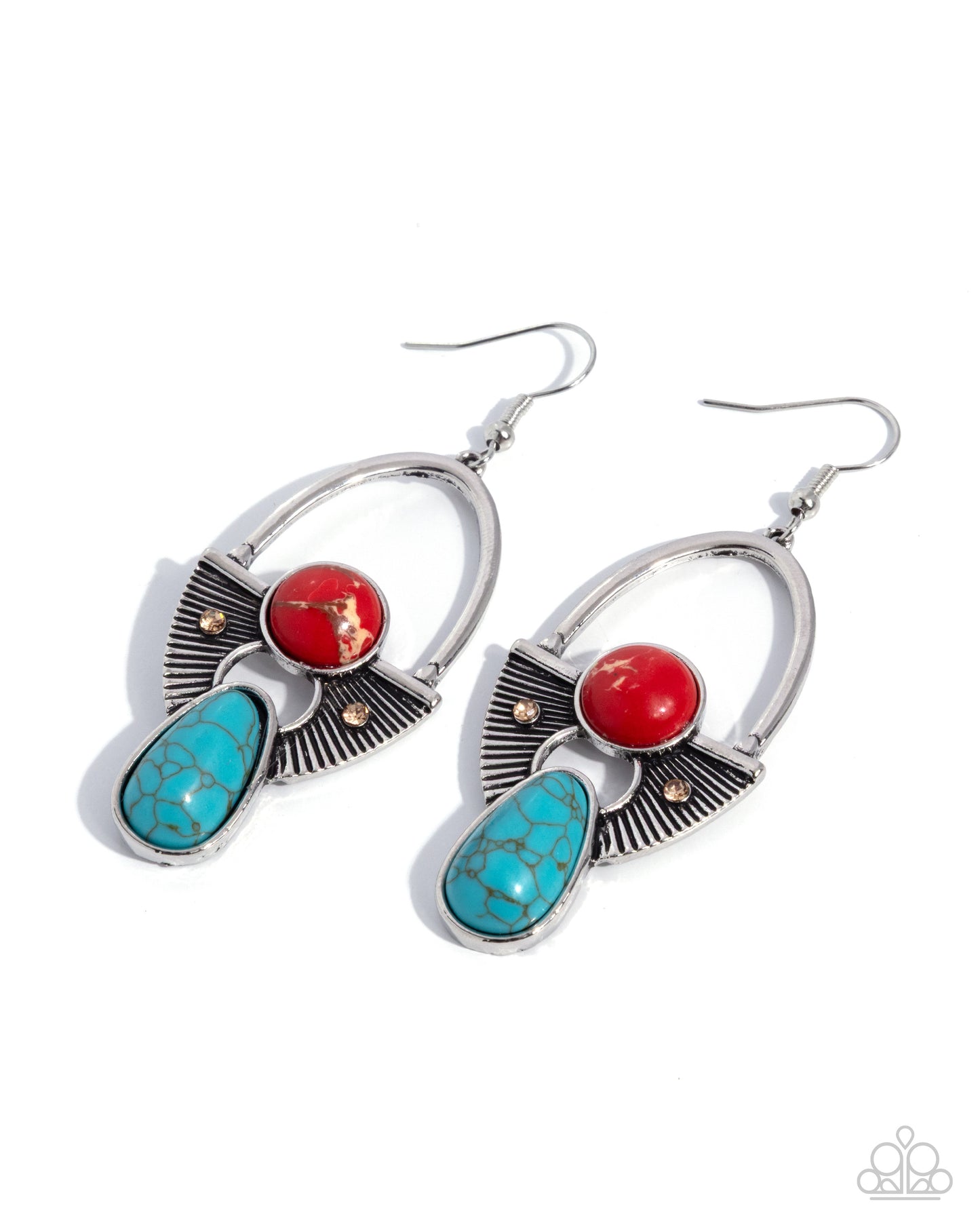Pair of silver earrings with red and turquoise stones on a white background