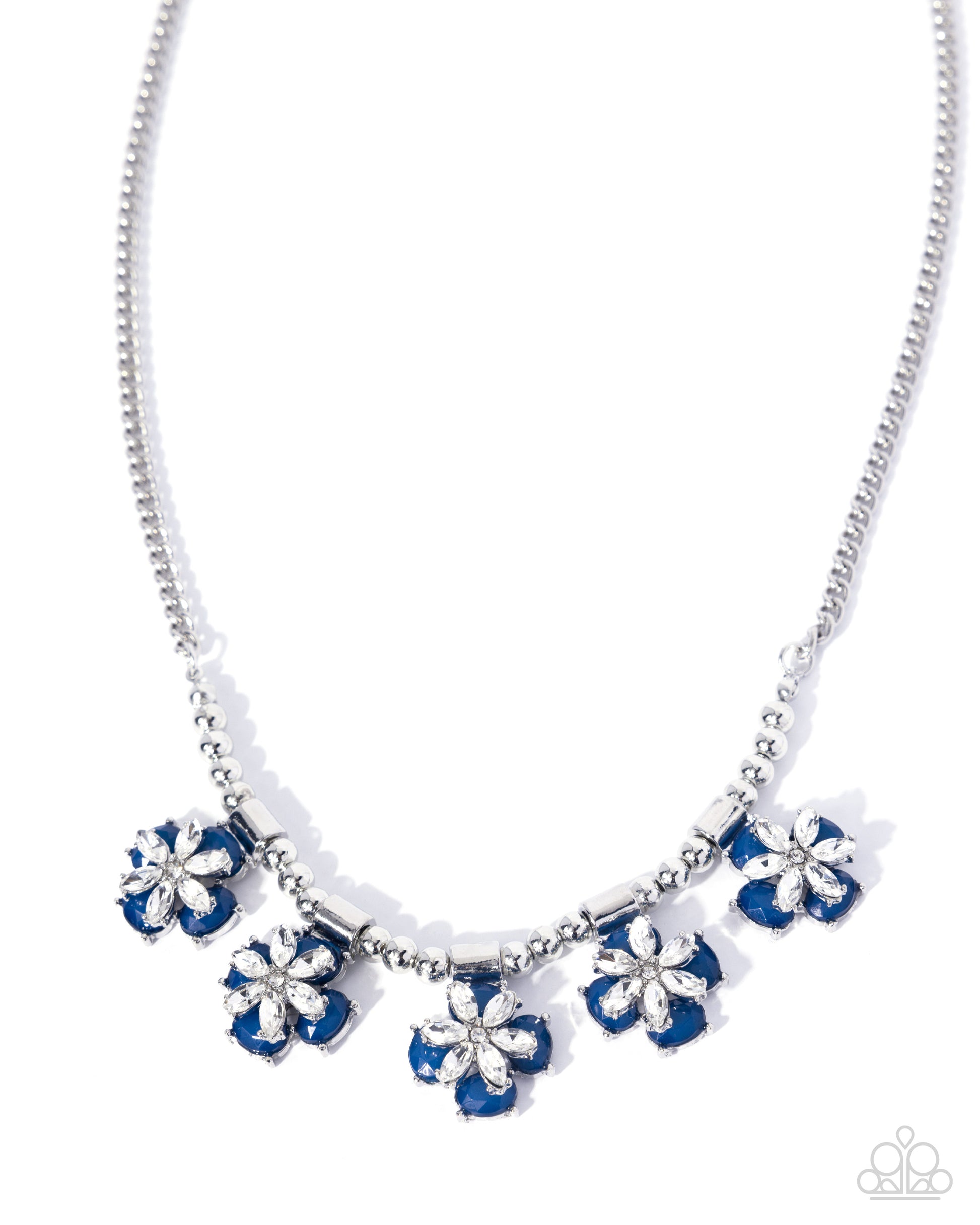 Necklace with blue and silver flower-shaped pendants on a white background