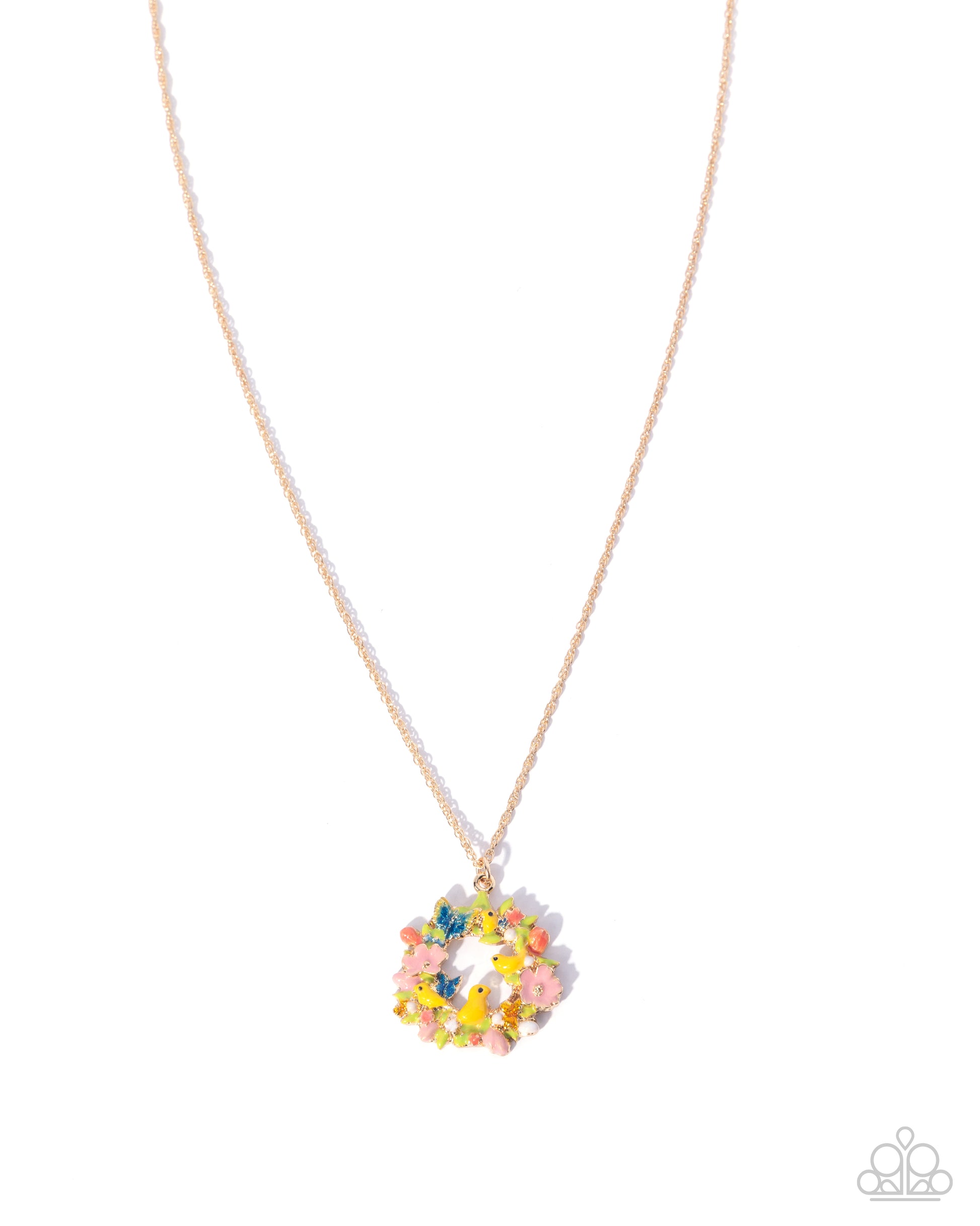 Necklace with a colorful wreath pendant on a white background