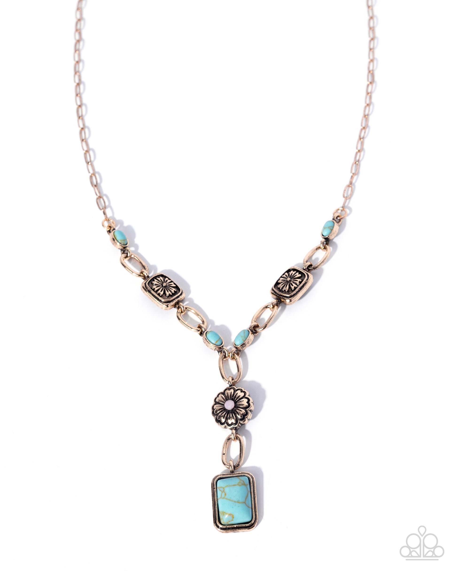 Necklace with turquoise pendant and floral charm on a white background