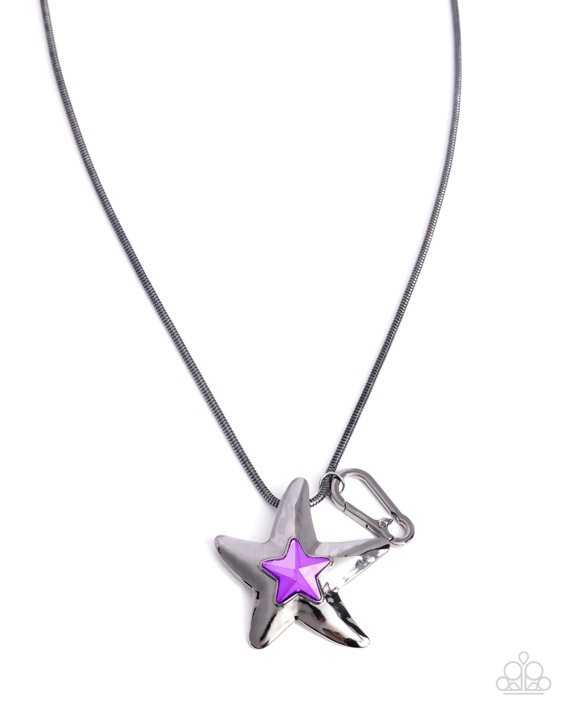 Star-shaped pendant with a purple center on a silver chain against a white background
