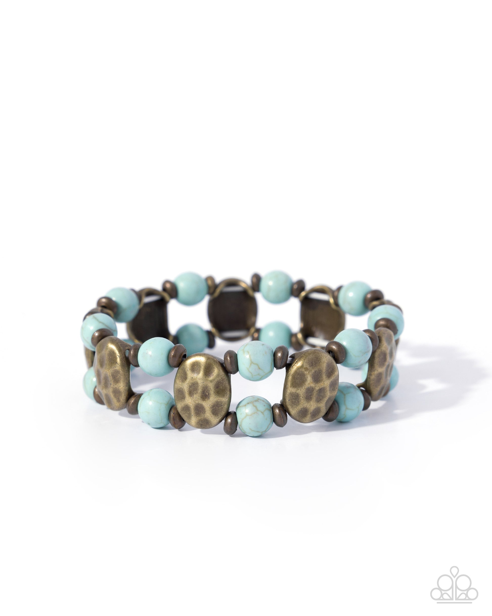 Turquoise and bronze beaded bracelet on a white background