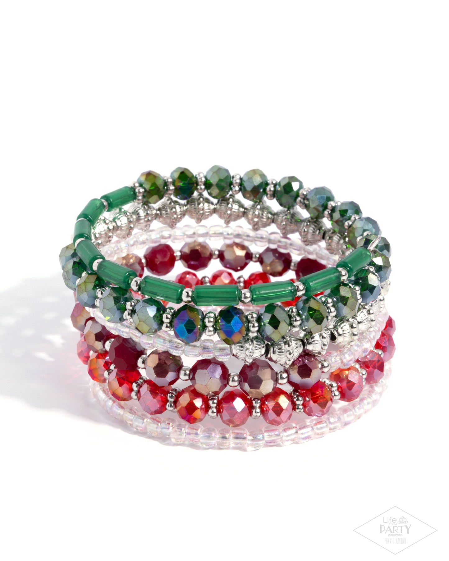 Stack of colorful beaded bracelets on a white background