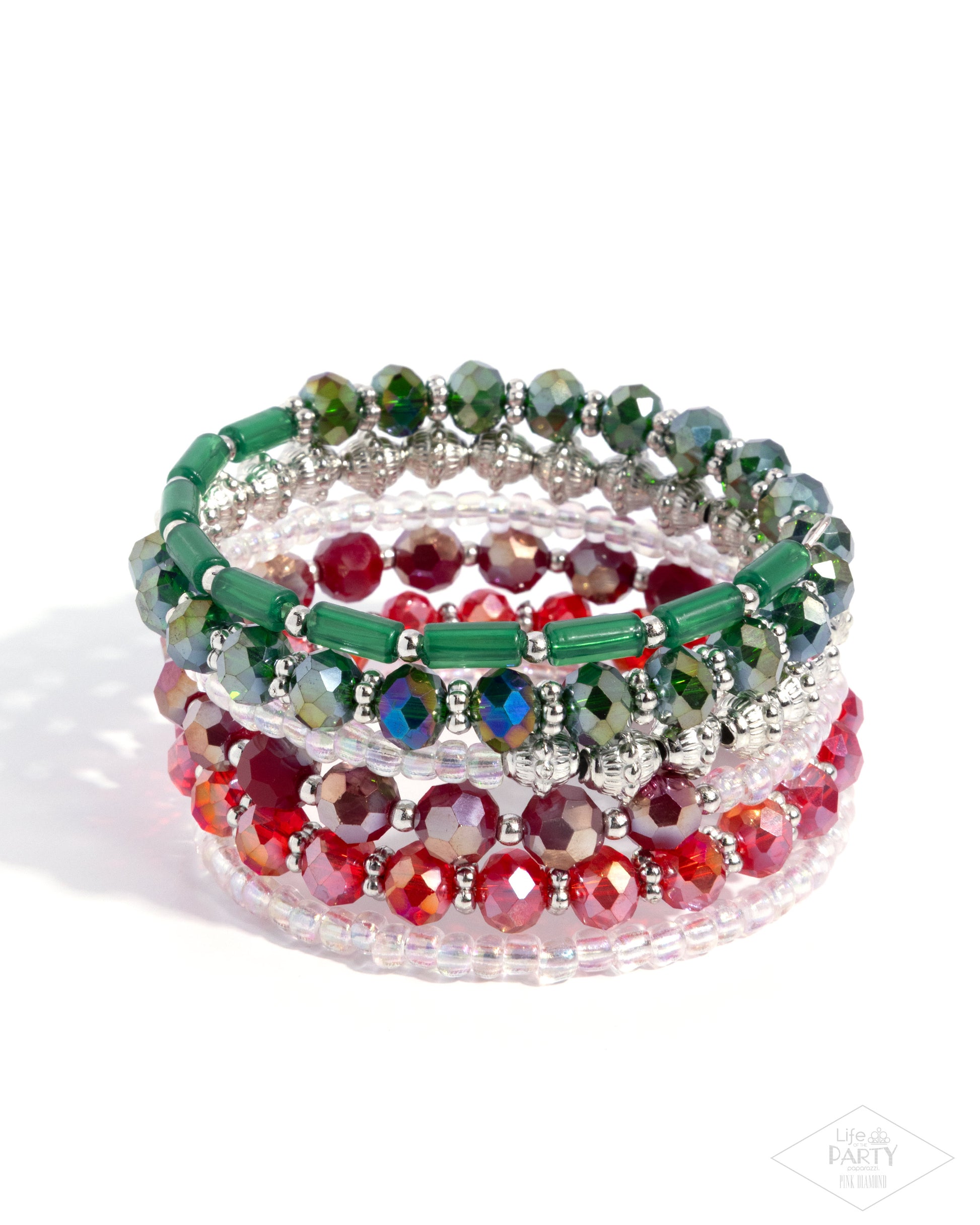 Stack of colorful beaded bracelets on a white background