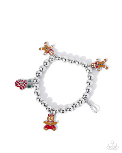 Silver beaded stretch bracelet with multicolored gingerbread and baking charms - Paparazzi Accessories, Jewelry by Bretta