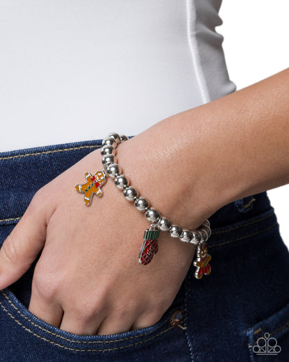 Silver beaded stretch bracelet with multicolored gingerbread and baking charms - Paparazzi Accessories, Jewelry by Bretta detail view