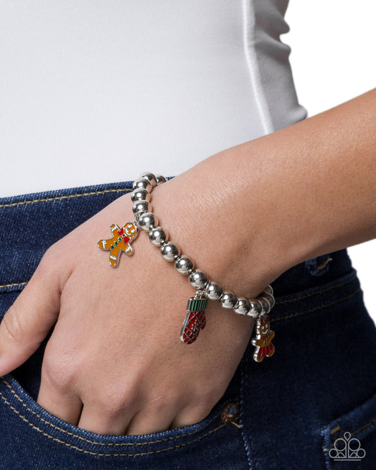 Silver beaded stretch bracelet with multicolored gingerbread and baking charms - Paparazzi Accessories, Jewelry by Bretta detail view