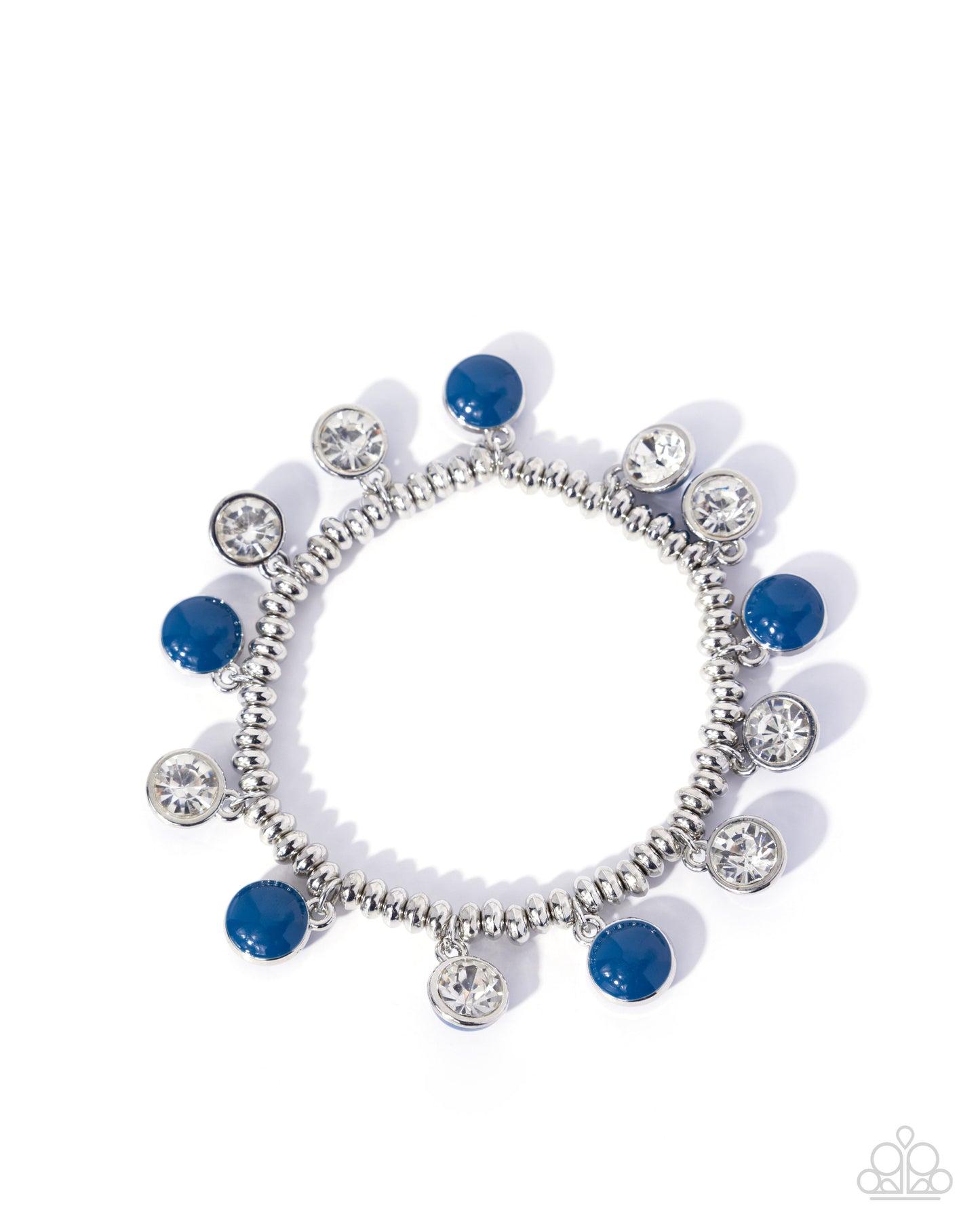 A silver beaded charm bracelet featuring alternating round blue beads and clear faceted rhinestone charms, displayed on a clean white background.