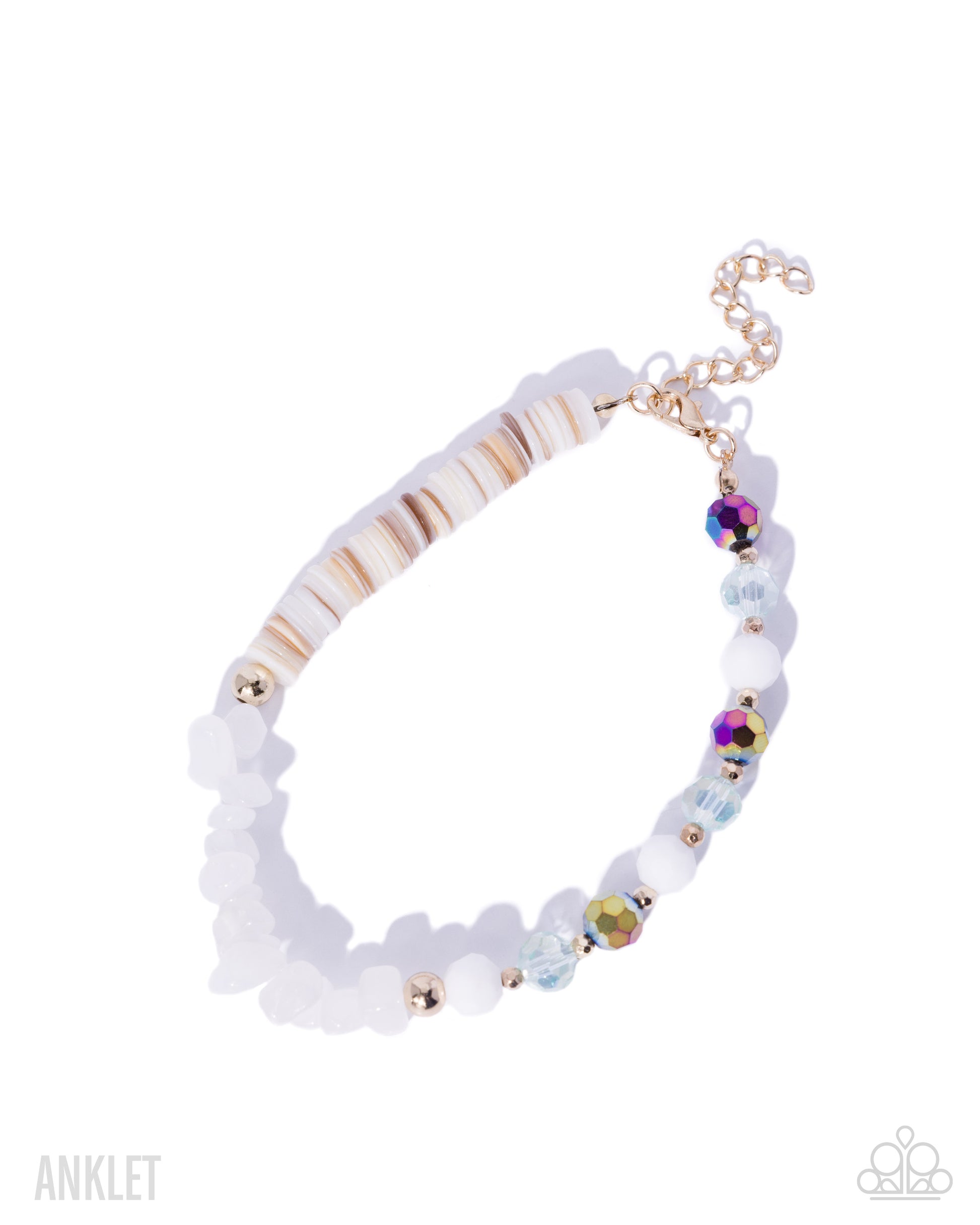 White beaded anklet with gold and multicolor beads on a white background