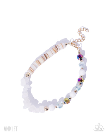 White beaded anklet with gold and multicolor beads on a white background