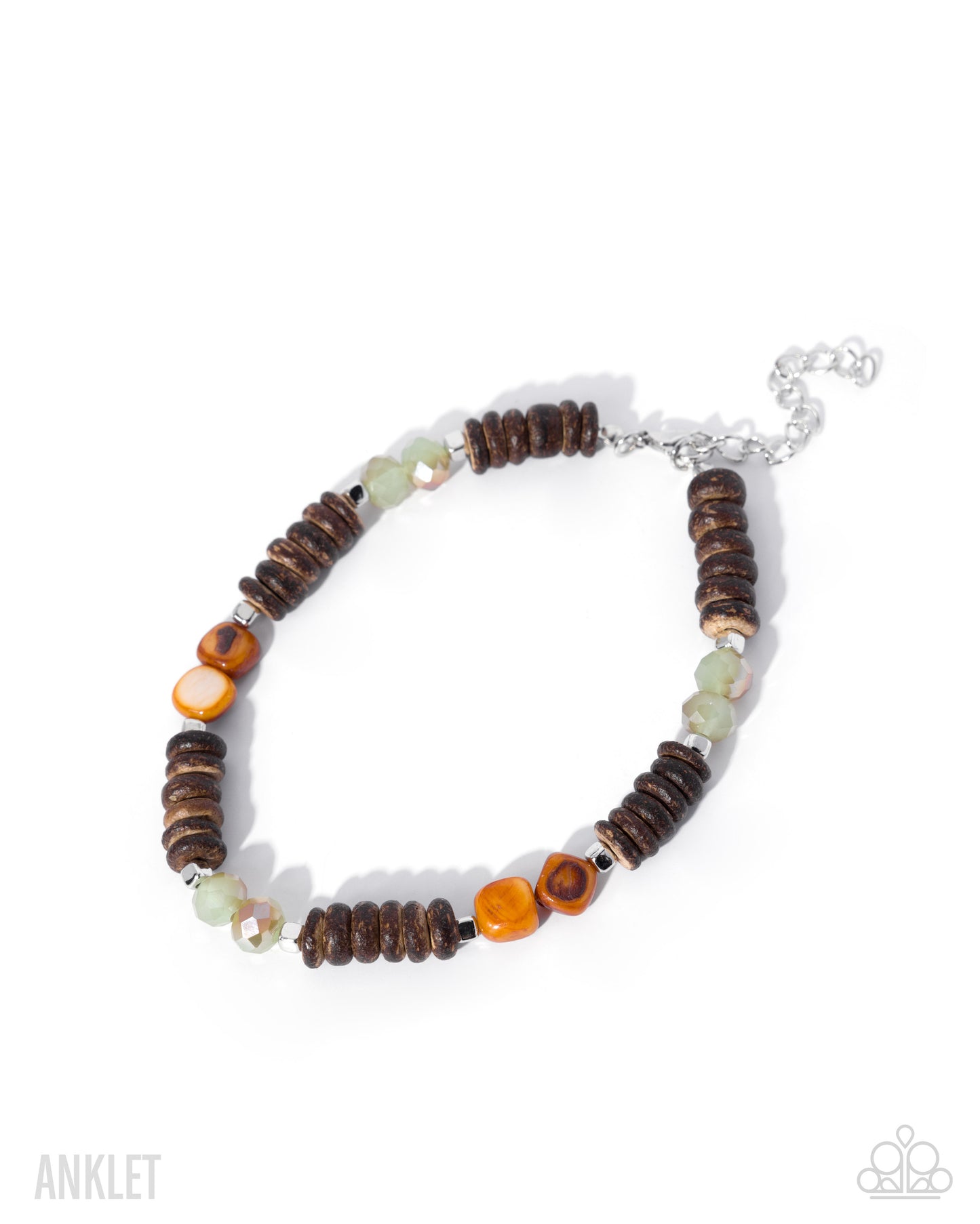 Beaded anklet with brown, orange, and green beads on a white background
