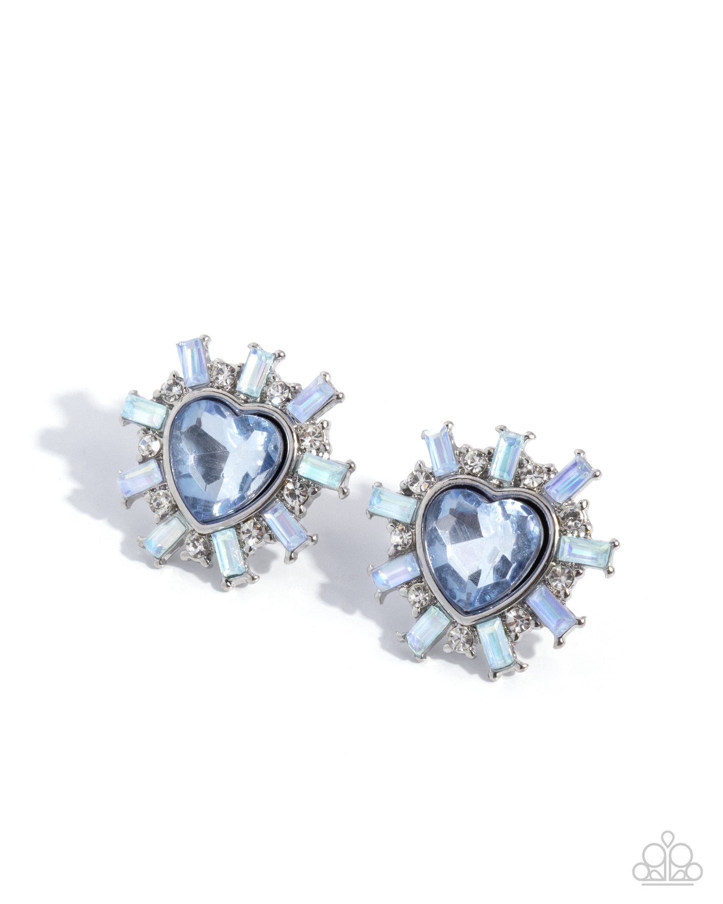 Pair of heart-shaped earrings with blue gemstones and silver accents on a white background