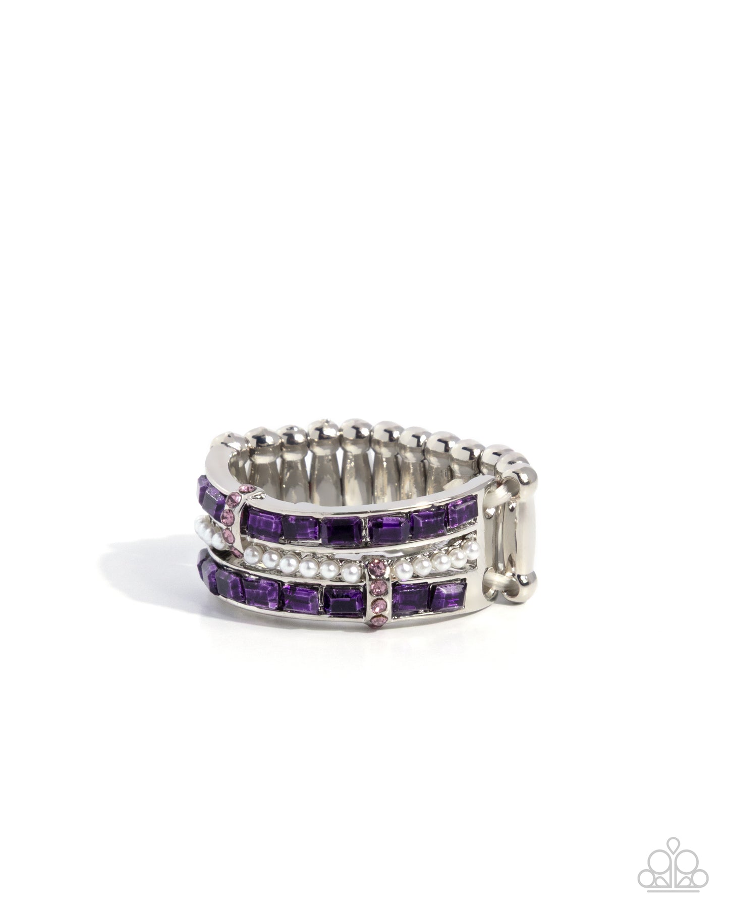 Silver ring with purple gemstones on a white background