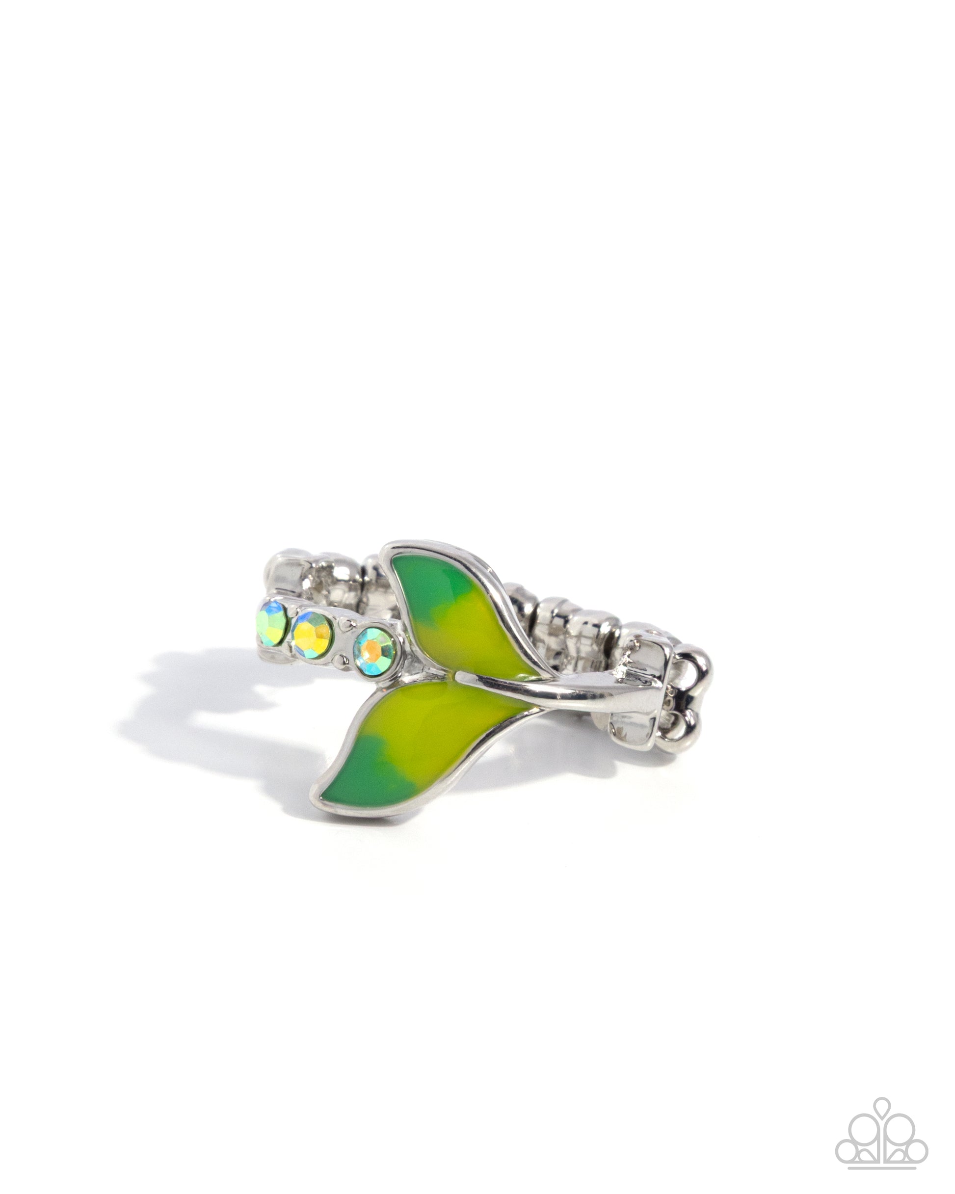 Silver bracelet with a green leaf design on a white background