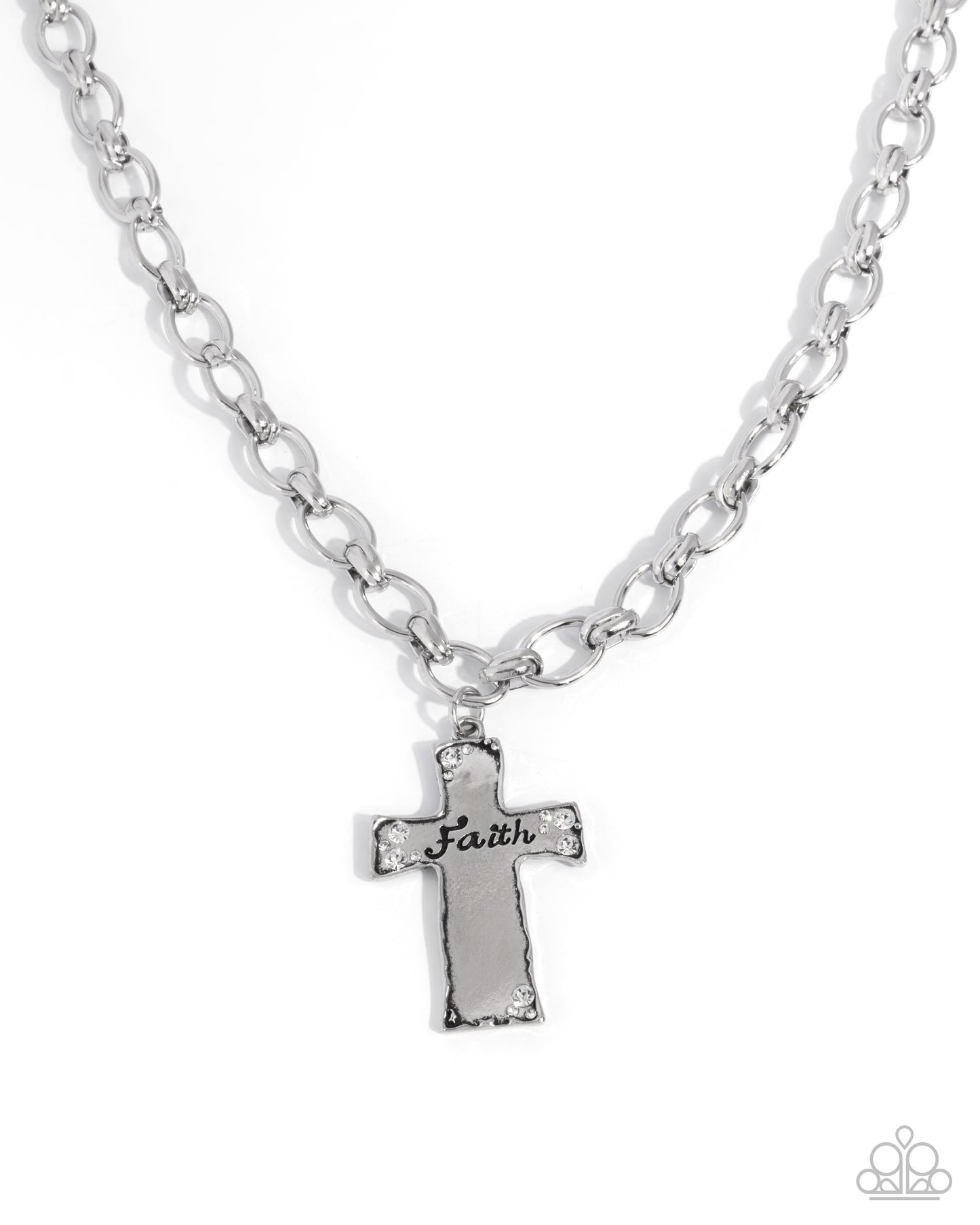Silver necklace with a cross pendant on a white background