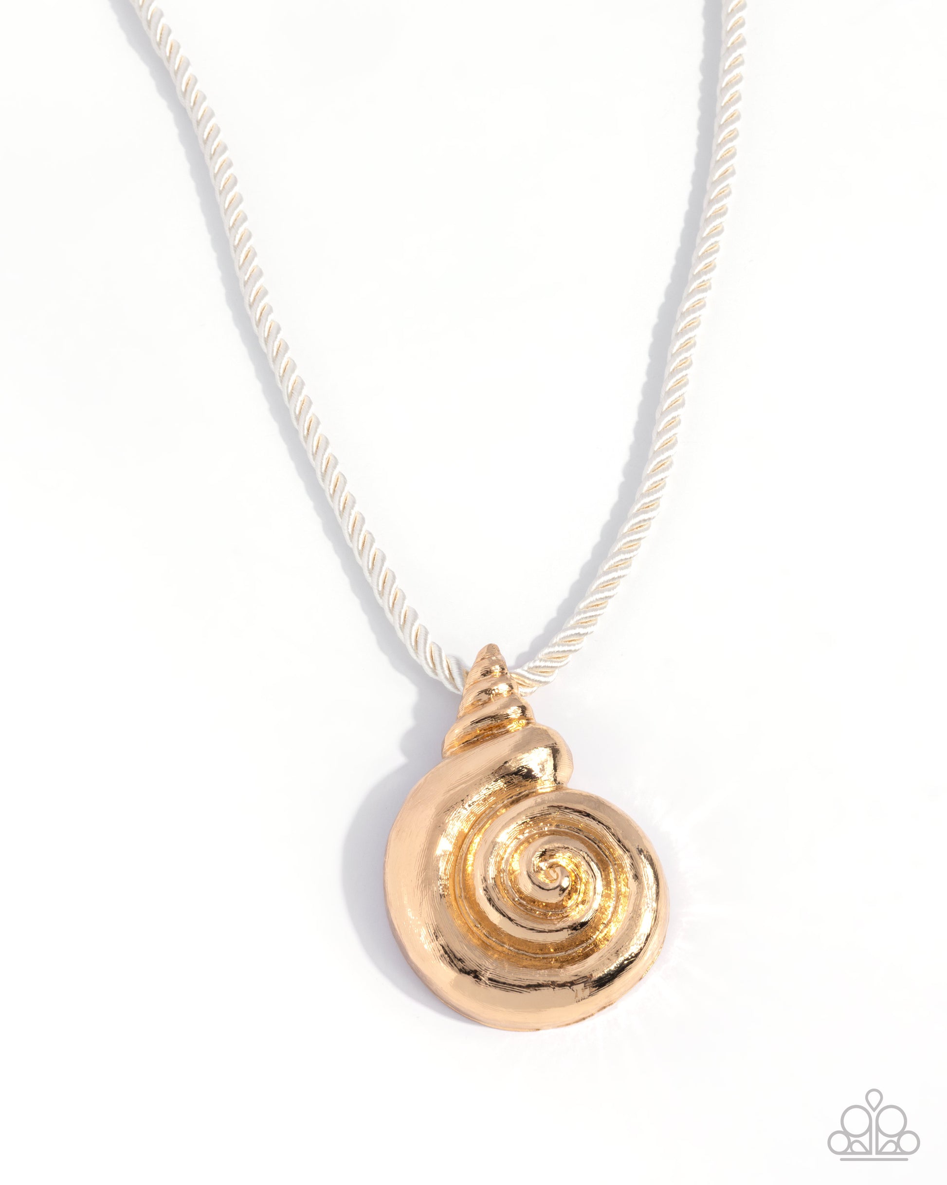 Gold spiral pendant on a white rope necklace against a white background