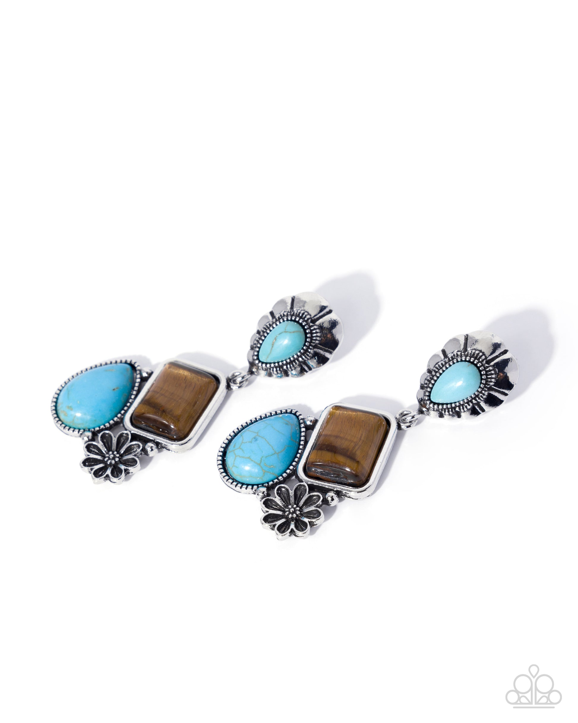 Pair of earrings with turquoise and brown stones on a white background