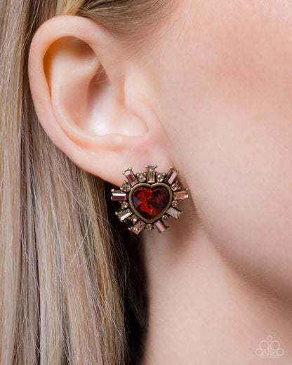 Flirty Feature brass rhinestone heart earrings detail