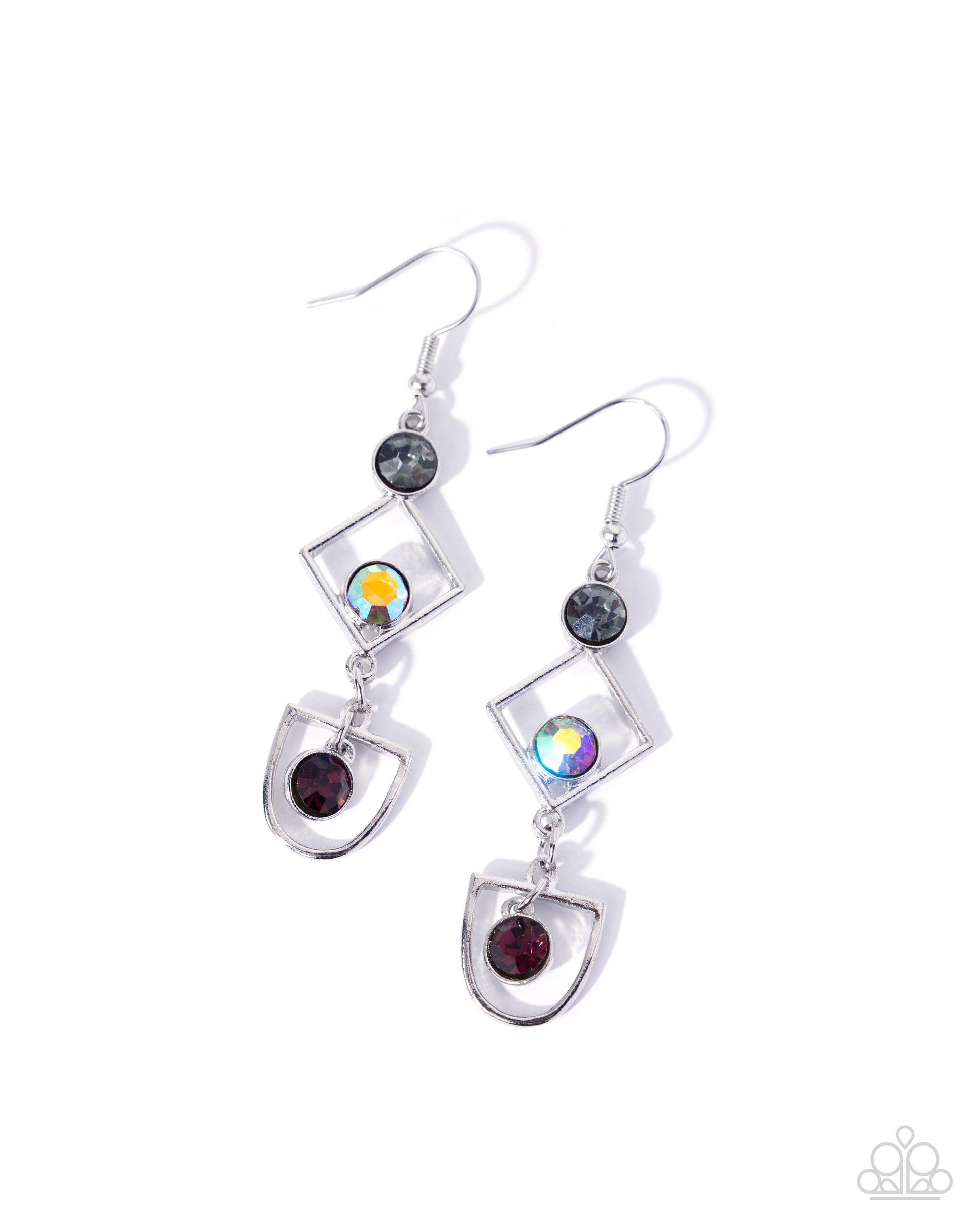Pair of silver earrings with colorful gemstones on a white background