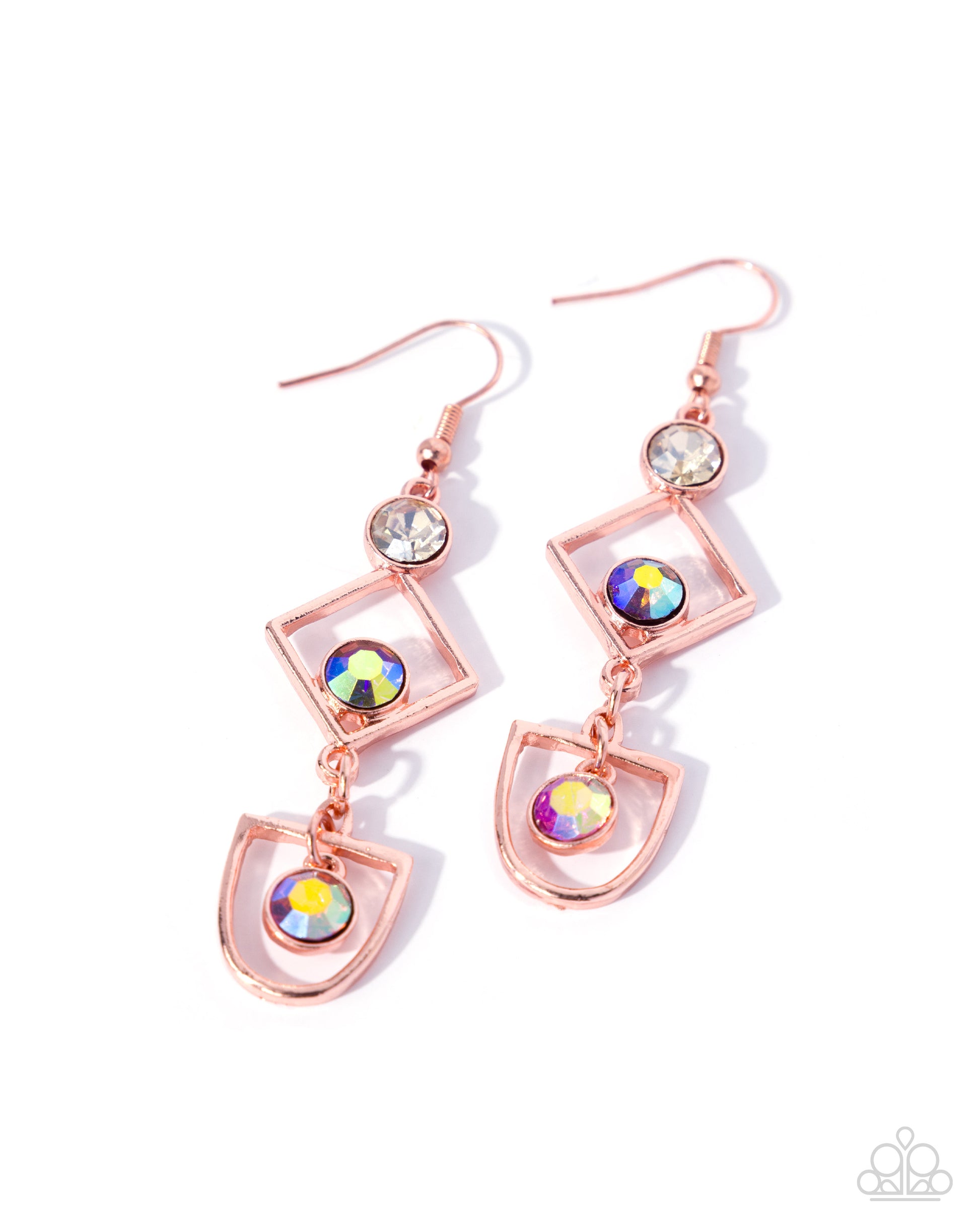 Rose gold earrings with colorful gemstones on a white background