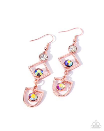 Rose gold earrings with colorful gemstones on a white background