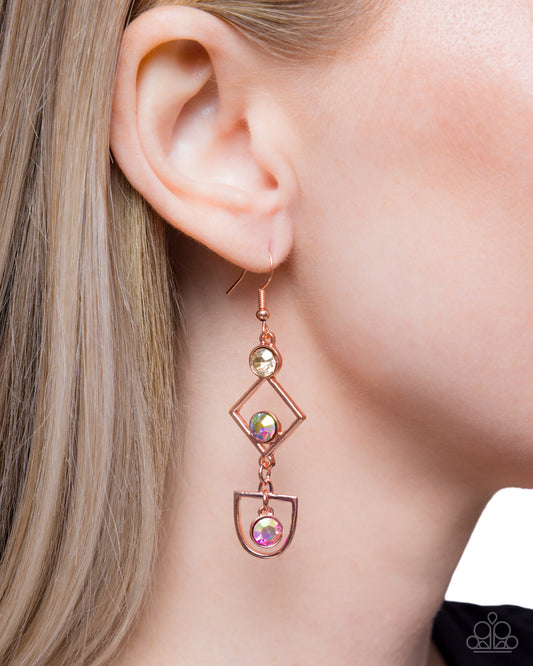 Rose gold earring with gemstones worn by a model