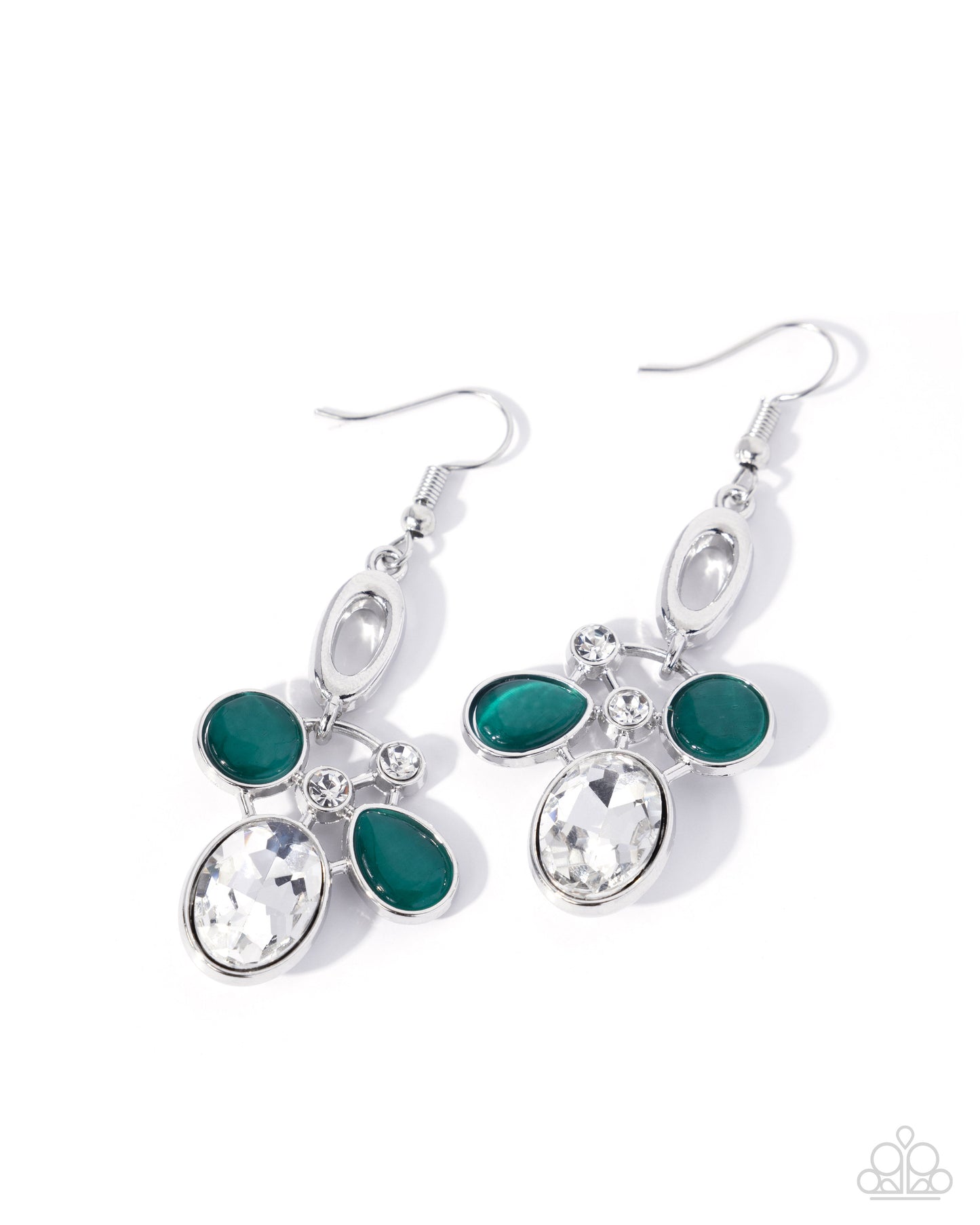 A pair of silver dangle earrings featuring green teardrop and oval stones, with a large clear faceted oval stone at the bottom of each earring, shown on a white background.