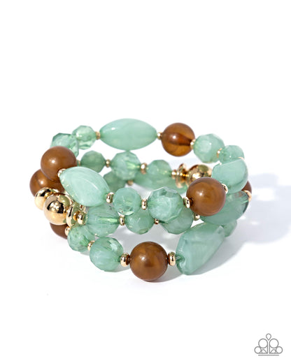 A set of three beaded stretch bracelets featuring light green stone beads, smooth brown beads, and metallic gold spacer beads, displayed on a clean white background.