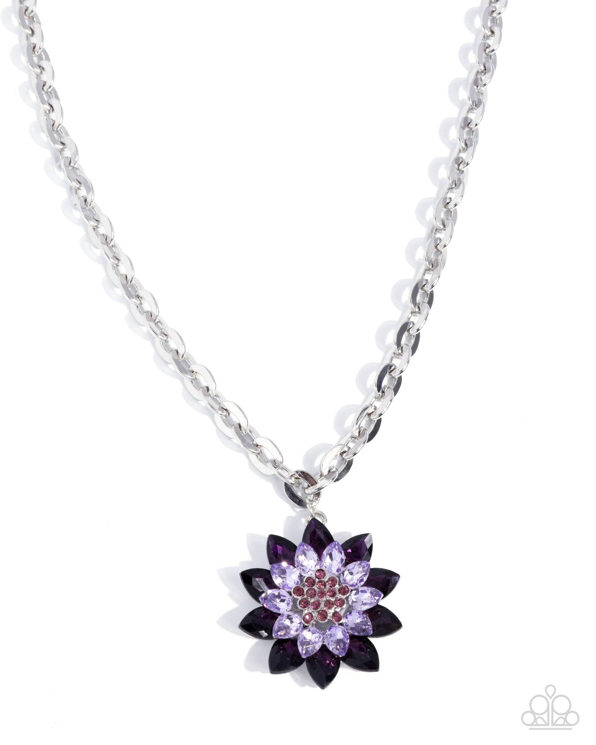 Necklace with a purple flower pendant on a white background