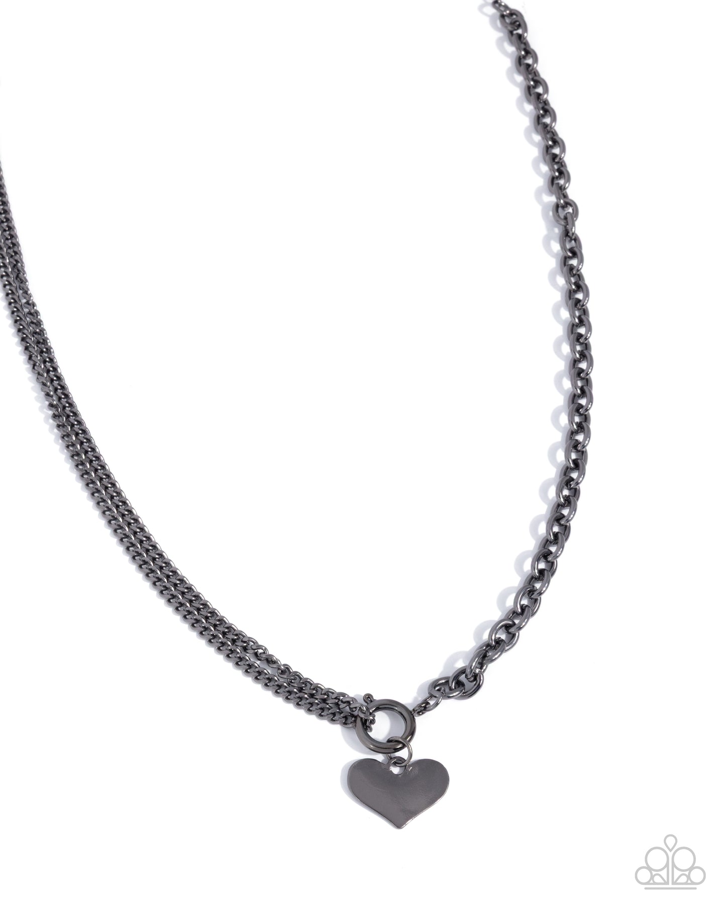 Black chain necklace with a heart-shaped pendant on a white background