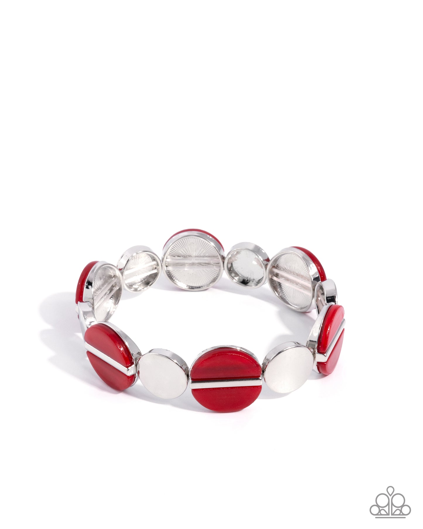 Silver and red beaded bracelet on a white background