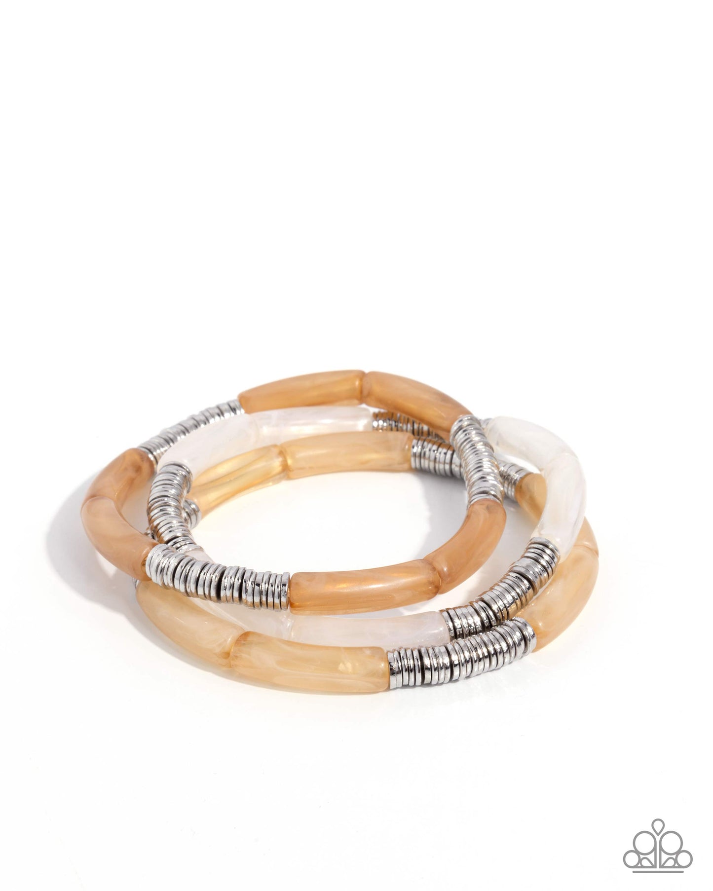 Three stacked bangle bracelets featuring natural tan bamboo segments, a clear resin section, and textured silver metal spacers, displayed on a clean white background.