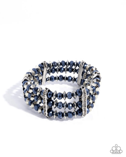 Strategic Stack blue beaded bracelet with silver discs and white rhinestone accents - Paparazzi Accessories at Jewelry by Bretta