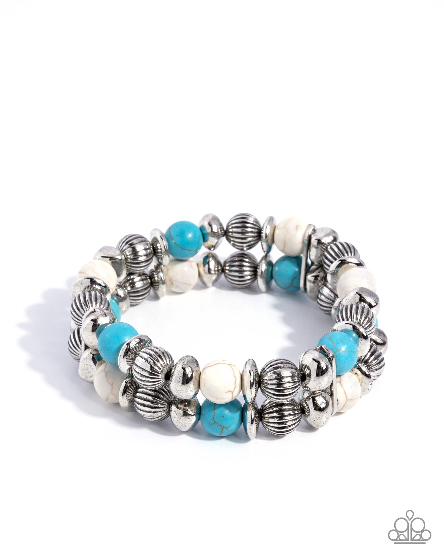 Bracelet with blue, white, and silver beads on a white background