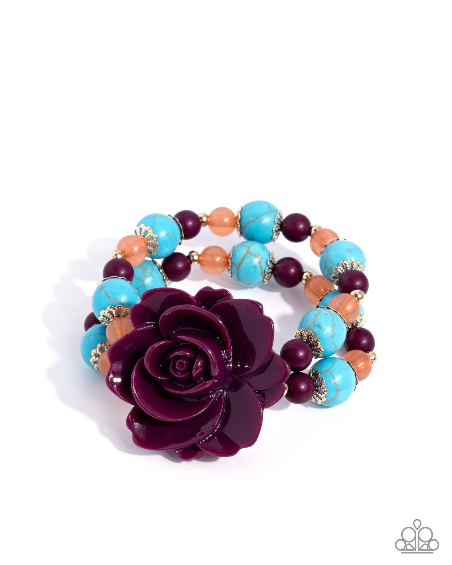 Multicolored beaded bracelet with a purple flower charm on a white background