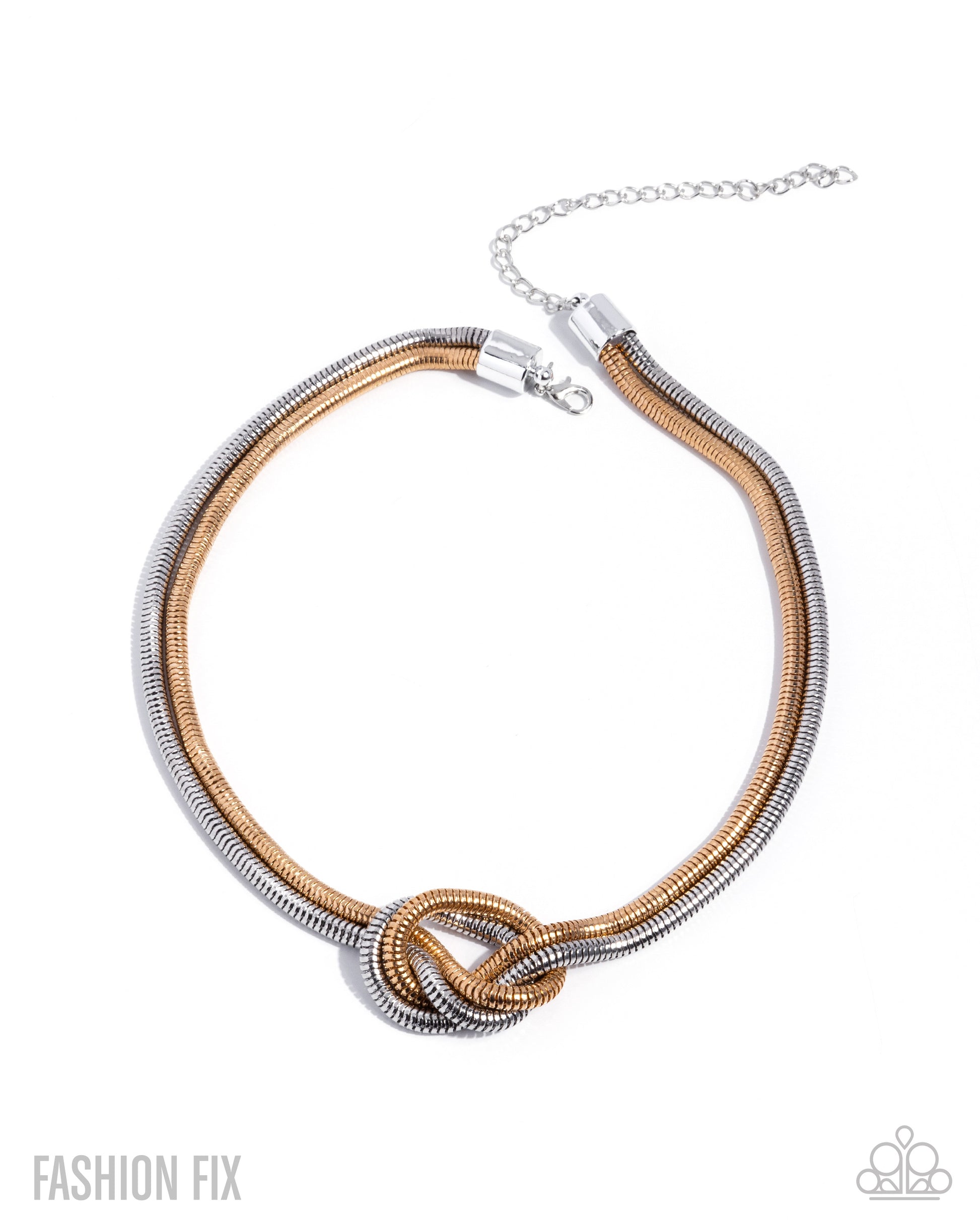 Necklace with brown and silver rope design on a white background