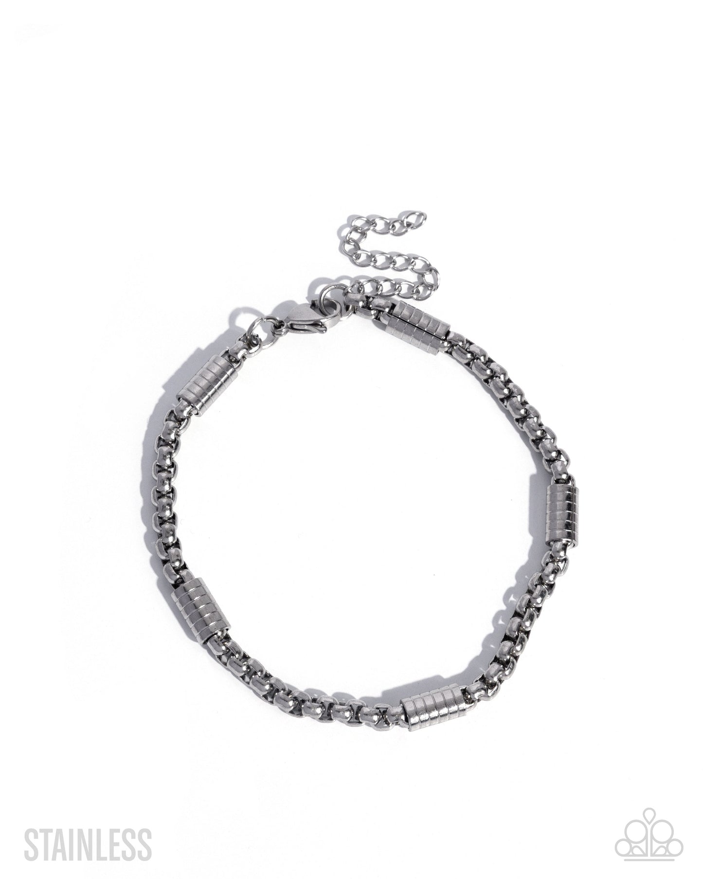 Silver bracelet on a white background with 'Stainless' text