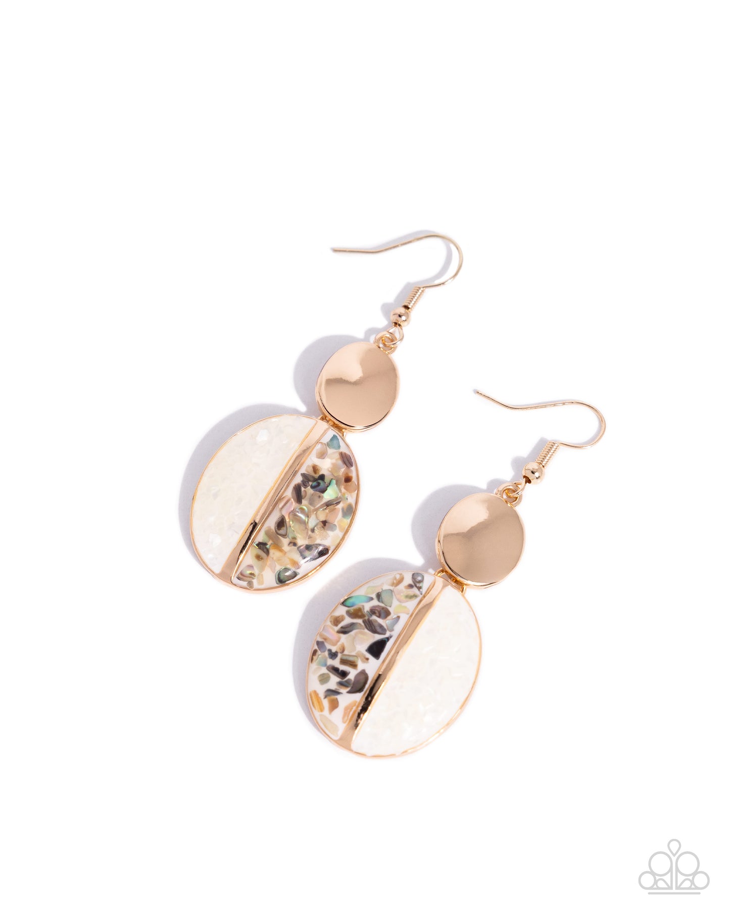 Pair of gold and white earrings on a white background