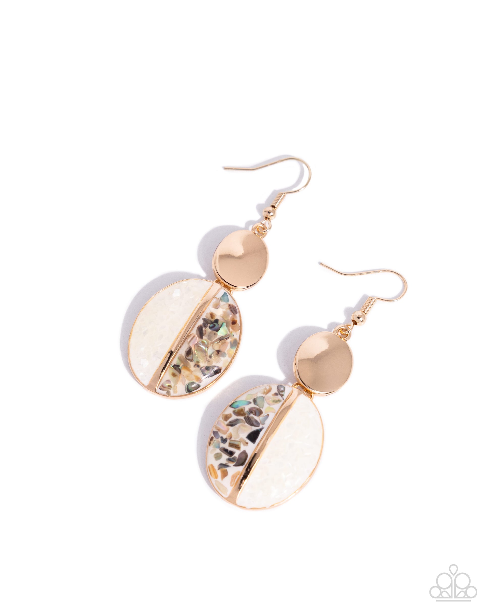 Pair of gold and white earrings on a white background